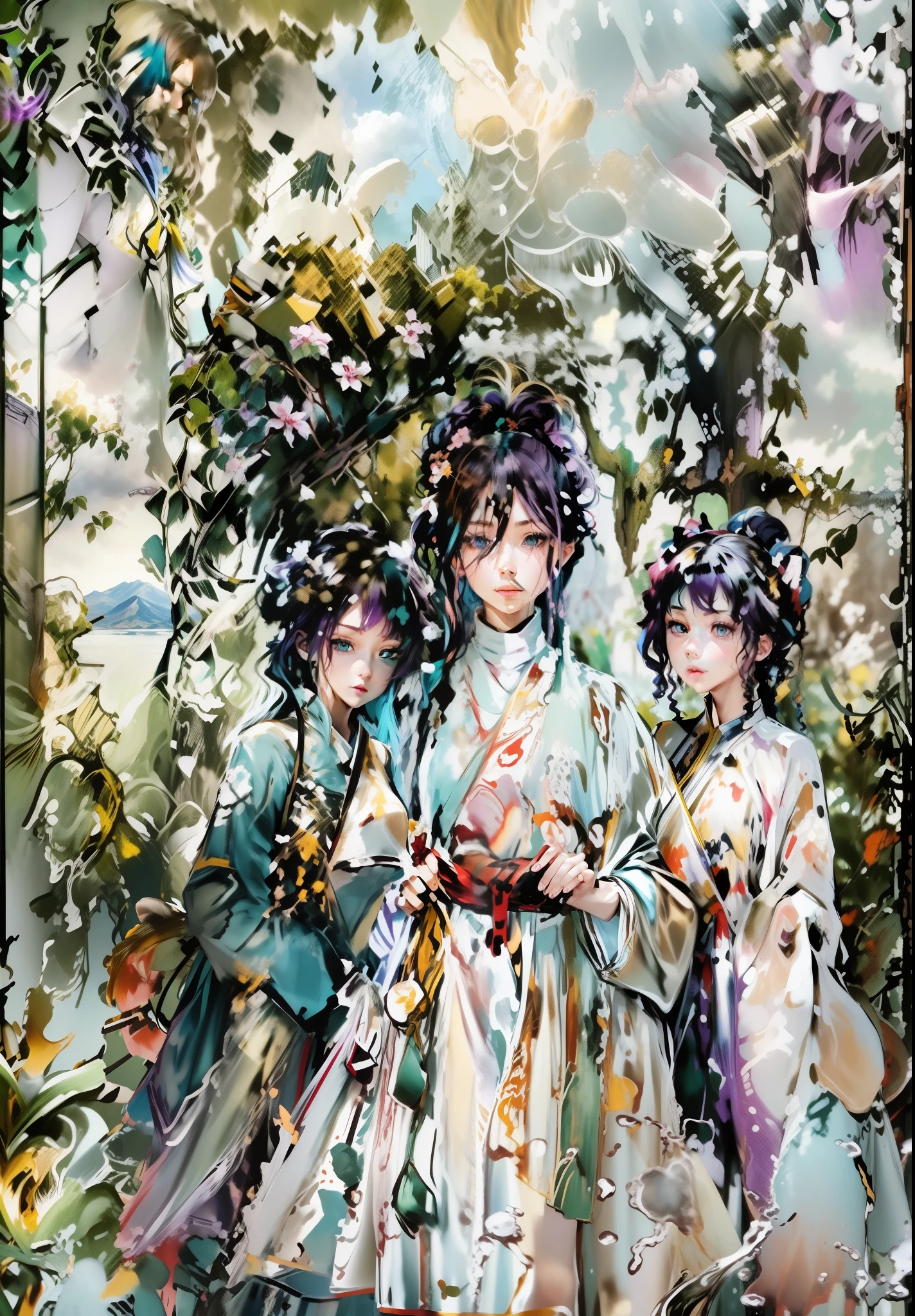 (Ultra HD at its best),(Very fine),(1girll),eBlue eyes,(Colorful hair+Silvery hair+red tinted hair+Purple colored hair+Yellow hair+Green hair),White martial arts costume,Neck strap,beautiful countenance,Lots of water drops,clouds,eventide,Wide view,aquarelle。