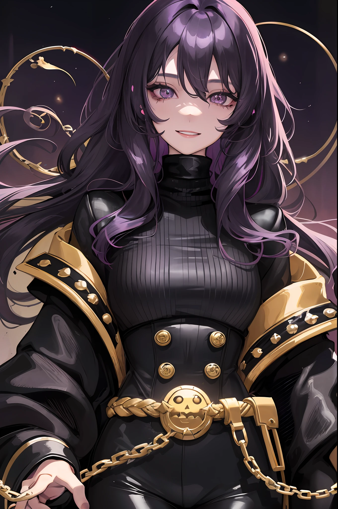 1woman, purple long wavy hair, swept bangs, golden eyes, fake smile, unnerving smile, black turtleneck, pirate coat, dark sky, pretty eyes, lifeless eyes