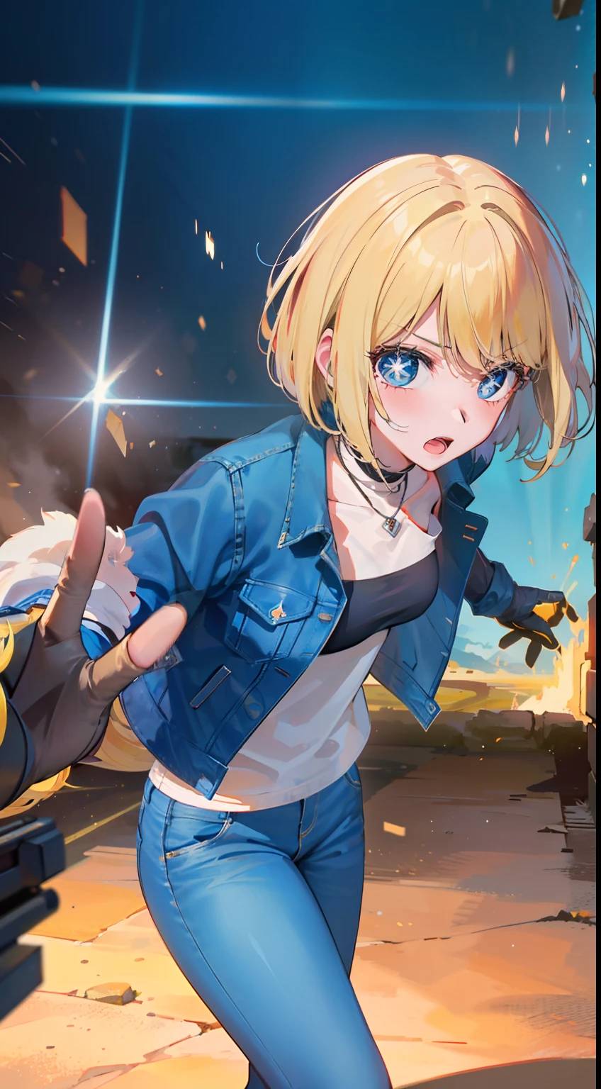 (((1 girl, cute, denim jacket, white top, jeans, Gloves, blond, short hair, bob hair, side parted hair, blue eyes))), (((blond hair))),
dynamic poses, manga style, depicting a group of characters in various action scenes, from intense battles to lighthearted moments, with dramatic speed lines and bold sound effects, capturing the excitement and energy of the story, Laser rays from the palm of hand, Attack forward with palm, yellowstone park, Grand Canyon,
