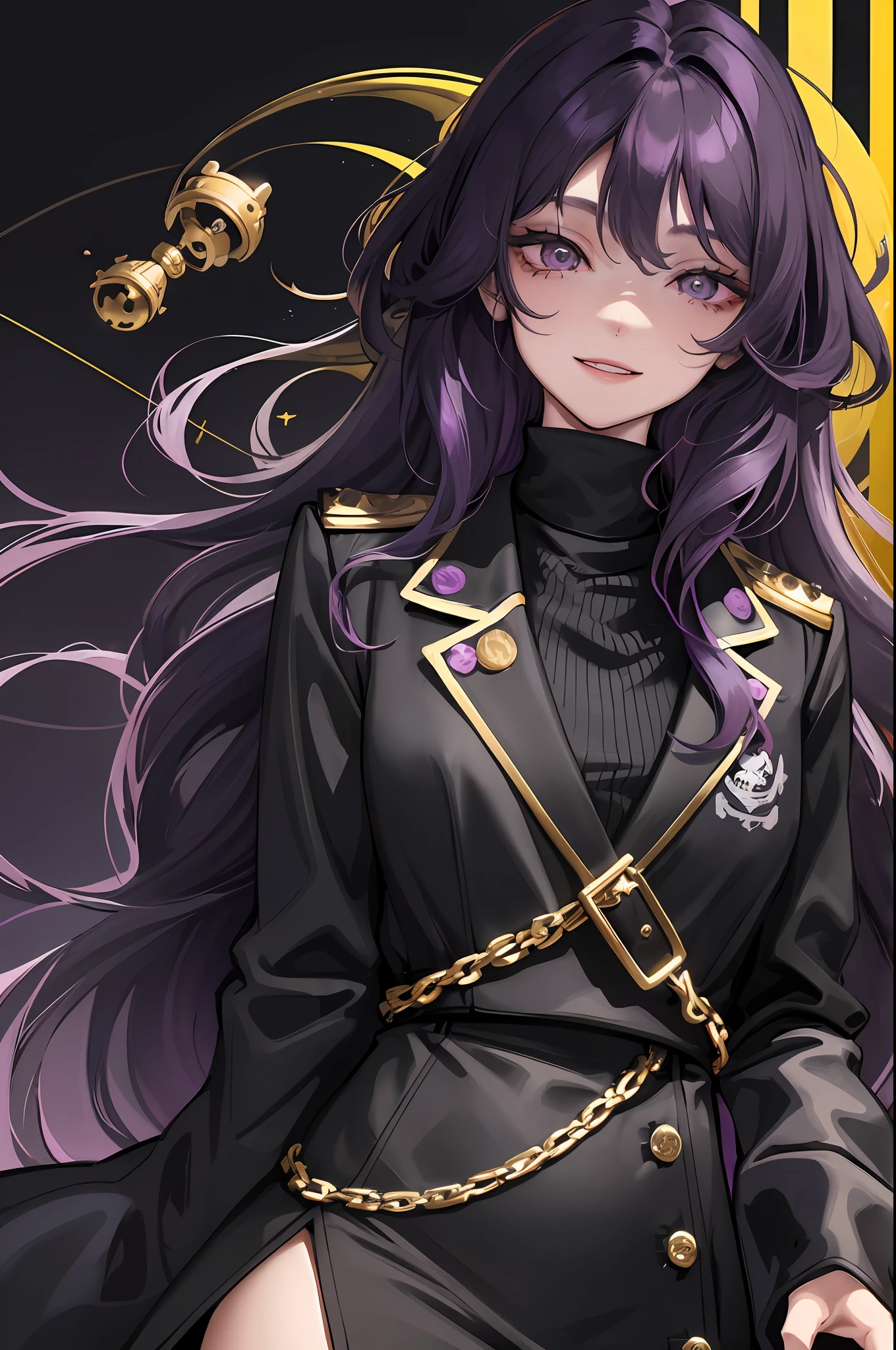 1woman, purple long wavy hair, swept bangs, golden eyes, fake smile, unnerving smile, black turtleneck, pirate coat, dark sky, pretty eyes, lifeless eyes