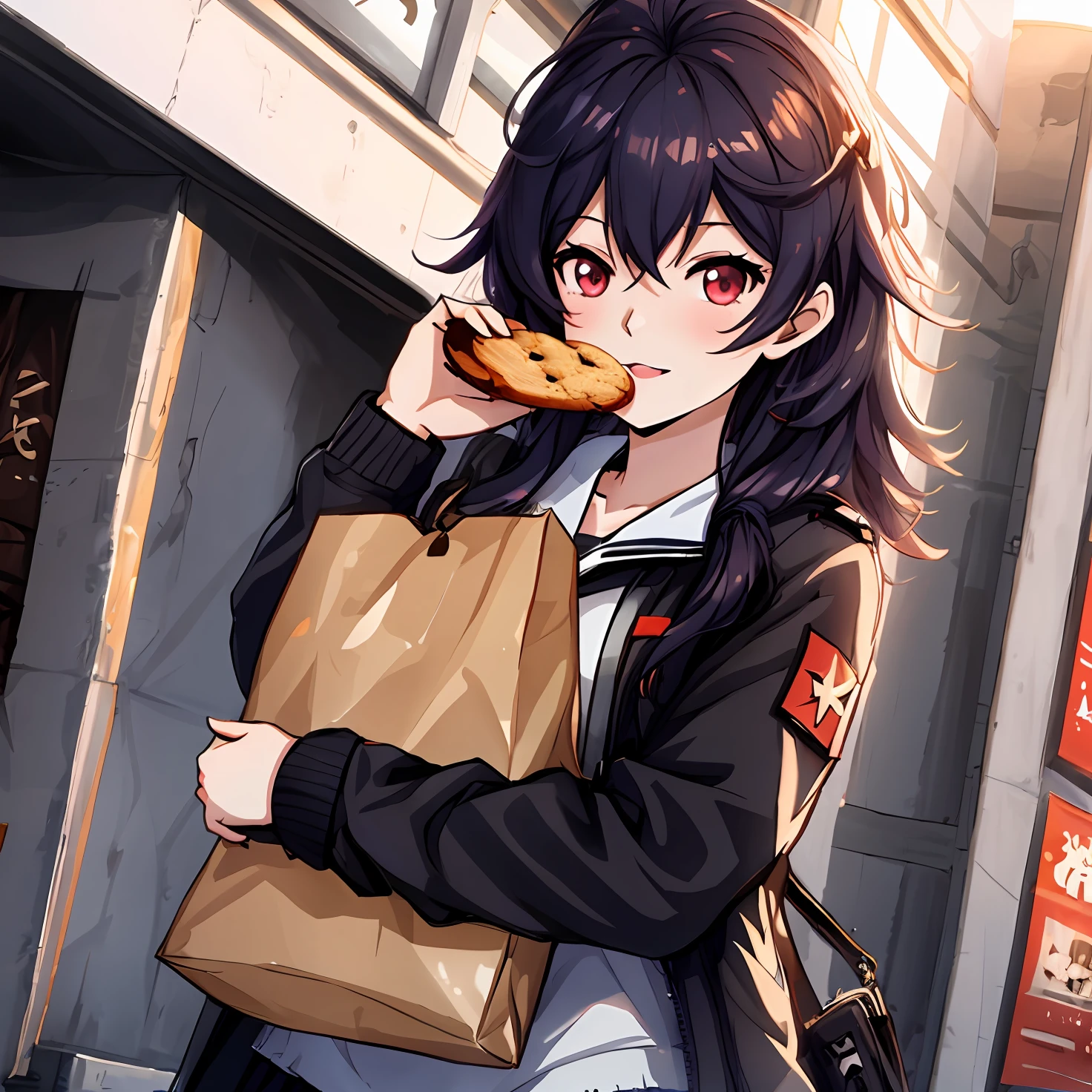 Anime girl with a bag of food and bread, kantai group style, Front Line style girls, of girls on the front lines, Guweiz style artwork, guweiz, anime visual of cute girl, delicate details. girls frontline, Kwasi, Frontline Girls Universe, Clear and clear RPG image, Girls on the front line CG, girls frontline, sakimichan, Holding a cookie