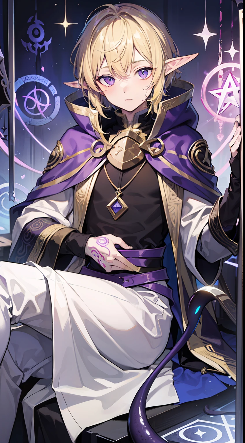 Young guy, longue blonde hair, violet eyes, elf ears, The Wizard's Uncovered Mantle, Magic tentacles, purple tattoos, Runes, Masterpiece, hiquality