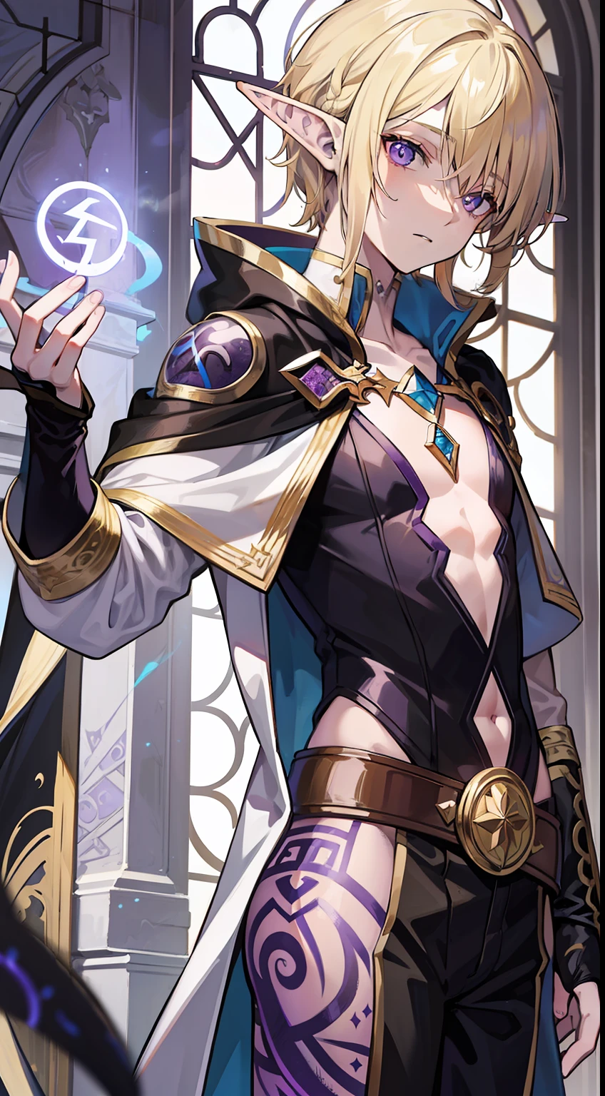 Young guy, longue blonde hair, violet eyes, elf ears, The Wizard's Uncovered Mantle, Magic tentacles, purple tattoos, Runes, Masterpiece, hiquality