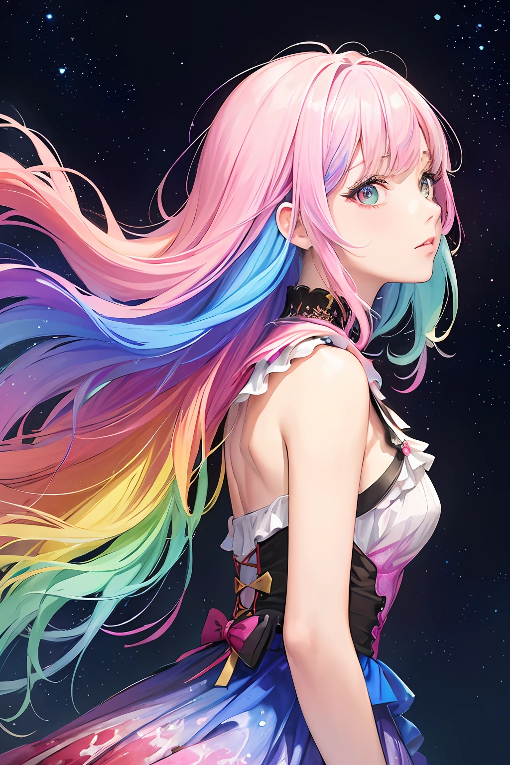 (masterpiece, top quality, best quality,watercolor (medium),official art, beautiful and aesthetic:1.2),(1girl:1.3), (fractal art:1.3),upper body, from side, looking at viewer,patterns,(rainbow color Hair,colorful hair,half blue and half pink hair:1.2),water,liquid, cloud,colorful, starry,stars,