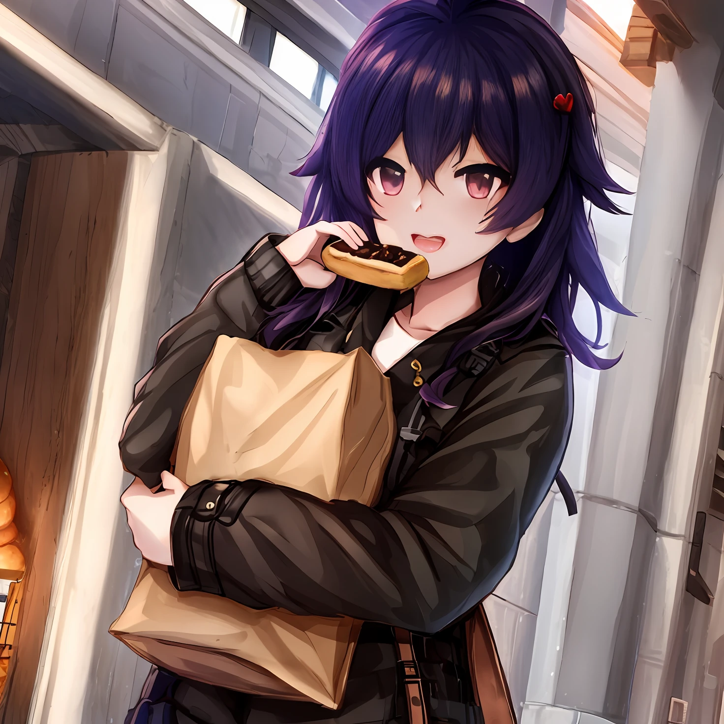 Anime girl with a bag of food and bread, kantai group style, Front Line Style Girls, of girls on the front lines, Guweiz style artwork, guweiz, anime visual of cute girl, delicate details. girls frontline, Kwasi, Front Line Girls Universe, Clear and clear RPG image, Girls in Front Line CG, girls frontline, sakimichan, Carry the cookie