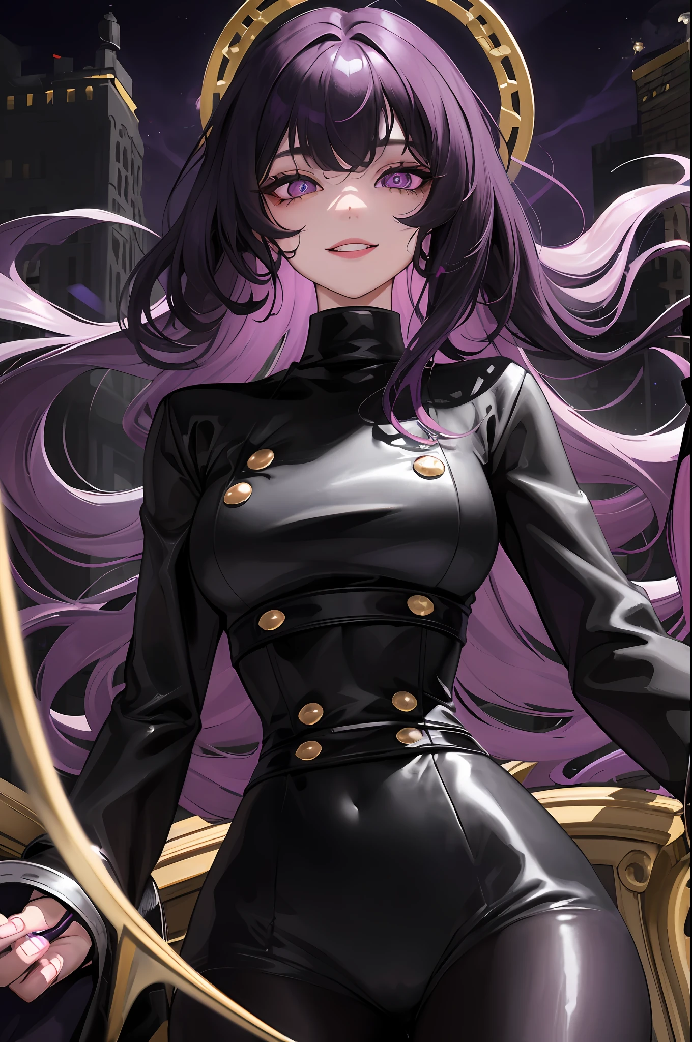 1woman, purple long wavy hair, swept bangs, golden eyes, fake smile, unnerving smile, black turtleneck, pirate coat, dark sky, pretty eyes, lifeless eyes, big doll-like eyes