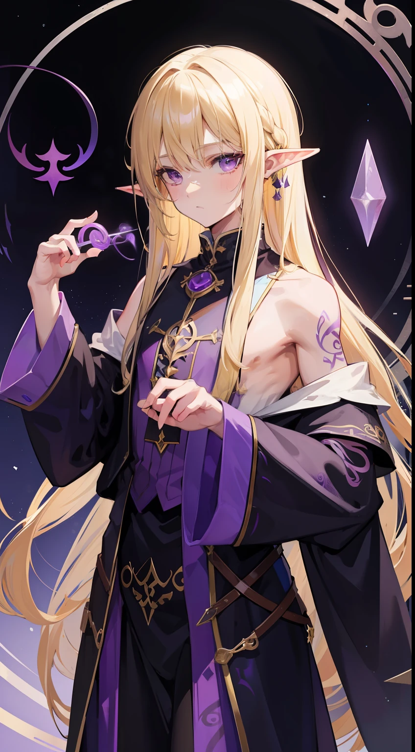 Young guy, longue blonde hair, violet eyes, elf ears, The Wizard's Uncovered Mantle, Magic tentacles, purple tattoos, Runes, Masterpiece, hiquality