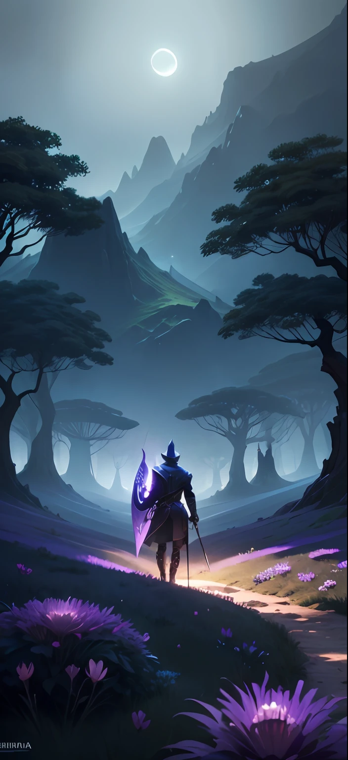"Descreva o Cavaleiro (Knight) do jogo Hollow Knight em uma paisagem roxa e misteriosa, mergulhada na penumbra do anoitecer. The Knight is standing in a small clearing surrounded by exotic trees with foliage of deep shades of purple and violet. The sky is painted with a soft gradient of purple colors, creating an enigmatic and dreamlike environment.In the dim light of the crescent moon, o Cavaleiro aparece como uma silhueta impressionante, highlighting his mask and his sharp sword in his fist. Seu escudo reflete levemente a luz, exibindo detalhes intrincados em seu design. The landscape is dotted with small flowers of vibrant colors that emanate a soft glow in the dark, iluminando sutilmente o caminho do Cavaleiro.Ao longe, montanhas roxas e sombrias se erguem majestosamente, creating an imposing and mysterious setting. Fog envelops the mountain slopes, adding a layer of magic and adventure to the scene.The Knight remains motionless, capturing a moment of reflection before embarking on your journey through the land of Hallownest. His determined gaze reveals the courage that resides in his heart, enquanto ele se prepara para enfrentar os desafios que encontrar pela frente.Nesta paisagem roxa, The aura of mystery and wonder is palpable, inviting the imagination to wander the depths of this enchanted land. Describe every detail of this scene to create a vivid and evocative image of the Knight on his nighttime adventure."