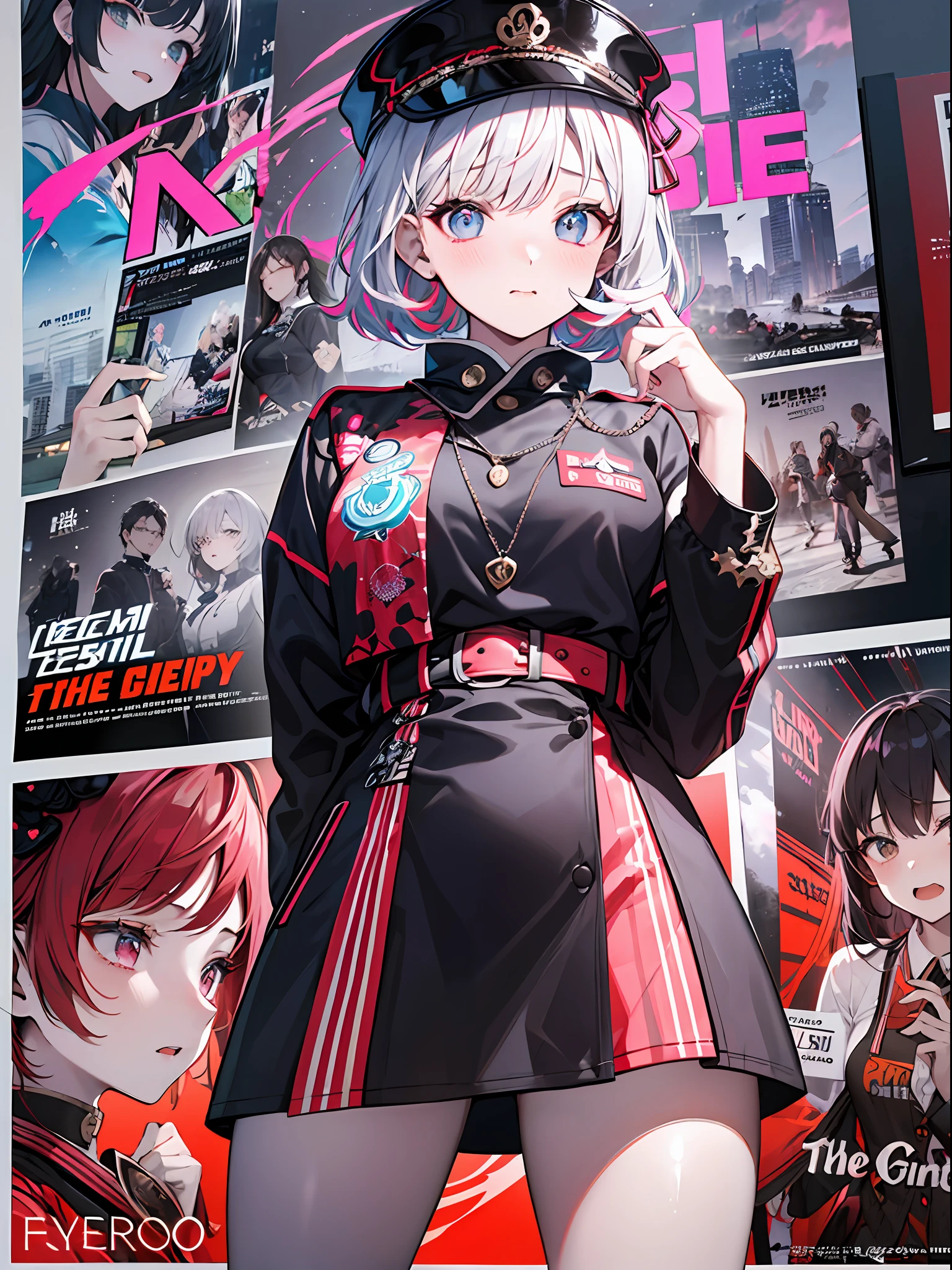 (masterpiece、top-quality、hight resolution)、 Kana Arima \(Oshinoko\), full of shyness、red hairs、Bob Hair、red blush、Wavy mouth、(((Dramatic)))、(((gritty)))、(((vehement))))The poster of the film appears as a central character。She is shy in the center of the poster、Wearing an idol costume、Has a determined look。The background is dark and rough、I feel like I'm drunk。Text is bold and eye-catching、Catchy slogans add to the overall drama and excitement。The color palette is dominated by dark colors.、Bright colors dotted、Make your poster dynamic and visually impactful、Tachi- e(magazine:1.3)、(cover-style:1.3)、Fashionable、with a vibrant、outfits、the pose、the front、colourfull、Dynamic、Background with、element、self-assured、Expressively、ngel、statement、attachment、An majestic、coiled、surroundings、Touch、The scene、Texto、covers、boldface、grab attention、Titles、lo fashion、Font、Catchy、Titles、Large、grab attention、moderno、 Trendy、concentrating、Stylish、1 girl in、a miniskirt