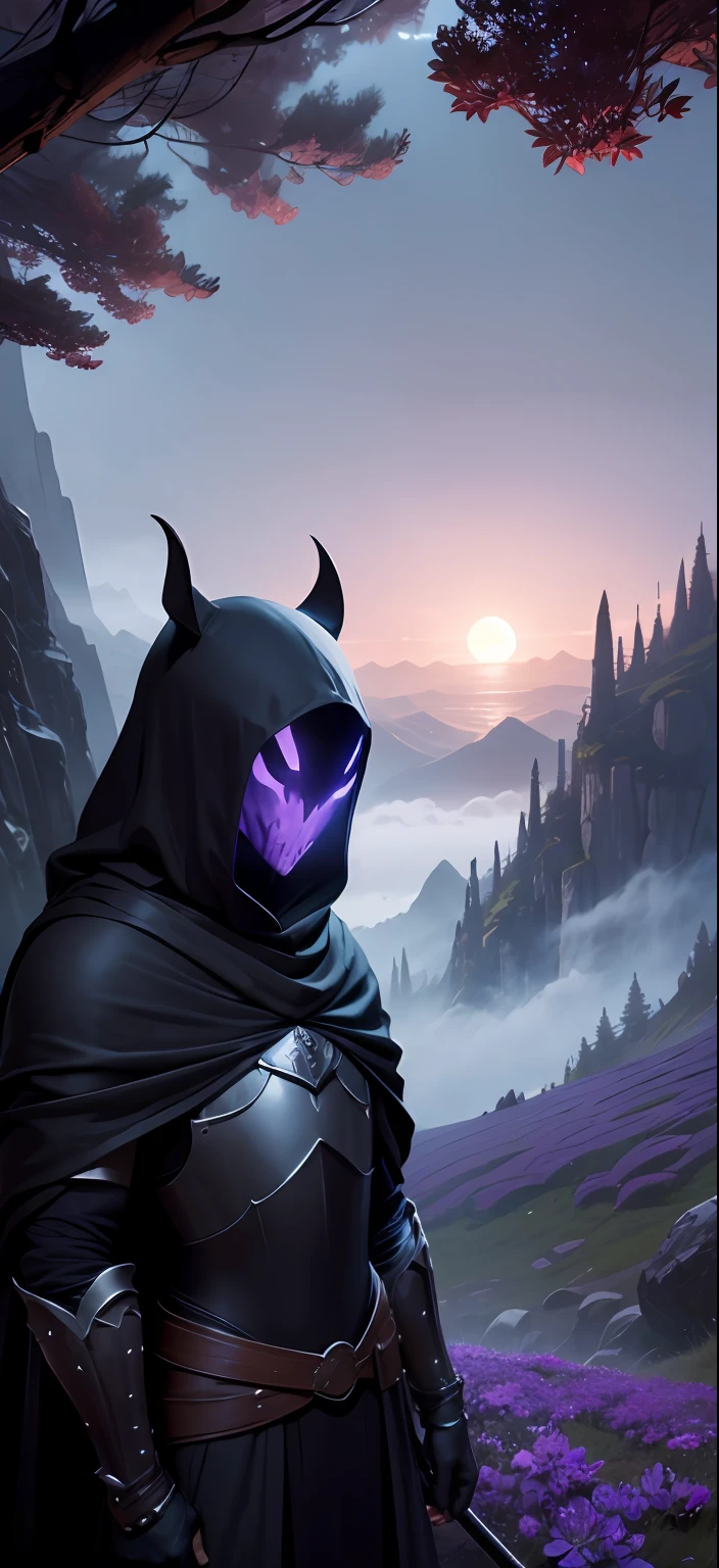 "Descreva o Cavaleiro (Knight) do jogo Hollow Knight em uma paisagem roxa e misteriosa, mergulhada na penumbra do anoitecer. The Knight is standing in a small clearing surrounded by exotic trees with foliage of deep shades of purple and violet. The sky is painted with a soft gradient of purple colors, creating an enigmatic and dreamlike environment.In the dim light of the crescent moon, o Cavaleiro aparece como uma silhueta impressionante, highlighting his mask and his sharp sword in his fist. Seu escudo reflete levemente a luz, exibindo detalhes intrincados em seu design. The landscape is dotted with small flowers of vibrant colors that emanate a soft glow in the dark, iluminando sutilmente o caminho do Cavaleiro.Ao longe, montanhas roxas e sombrias se erguem majestosamente, creating an imposing and mysterious setting. Fog envelops the mountain slopes, adding a layer of magic and adventure to the scene.The Knight remains motionless, capturing a moment of reflection before embarking on your journey through the land of Hallownest. His determined gaze reveals the courage that resides in his heart, enquanto ele se prepara para enfrentar os desafios que encontrar pela frente.Nesta paisagem roxa, The aura of mystery and wonder is palpable, inviting the imagination to wander the depths of this enchanted land. Describe every detail of this scene to create a vivid and evocative image of the Knight on his nighttime adventure."