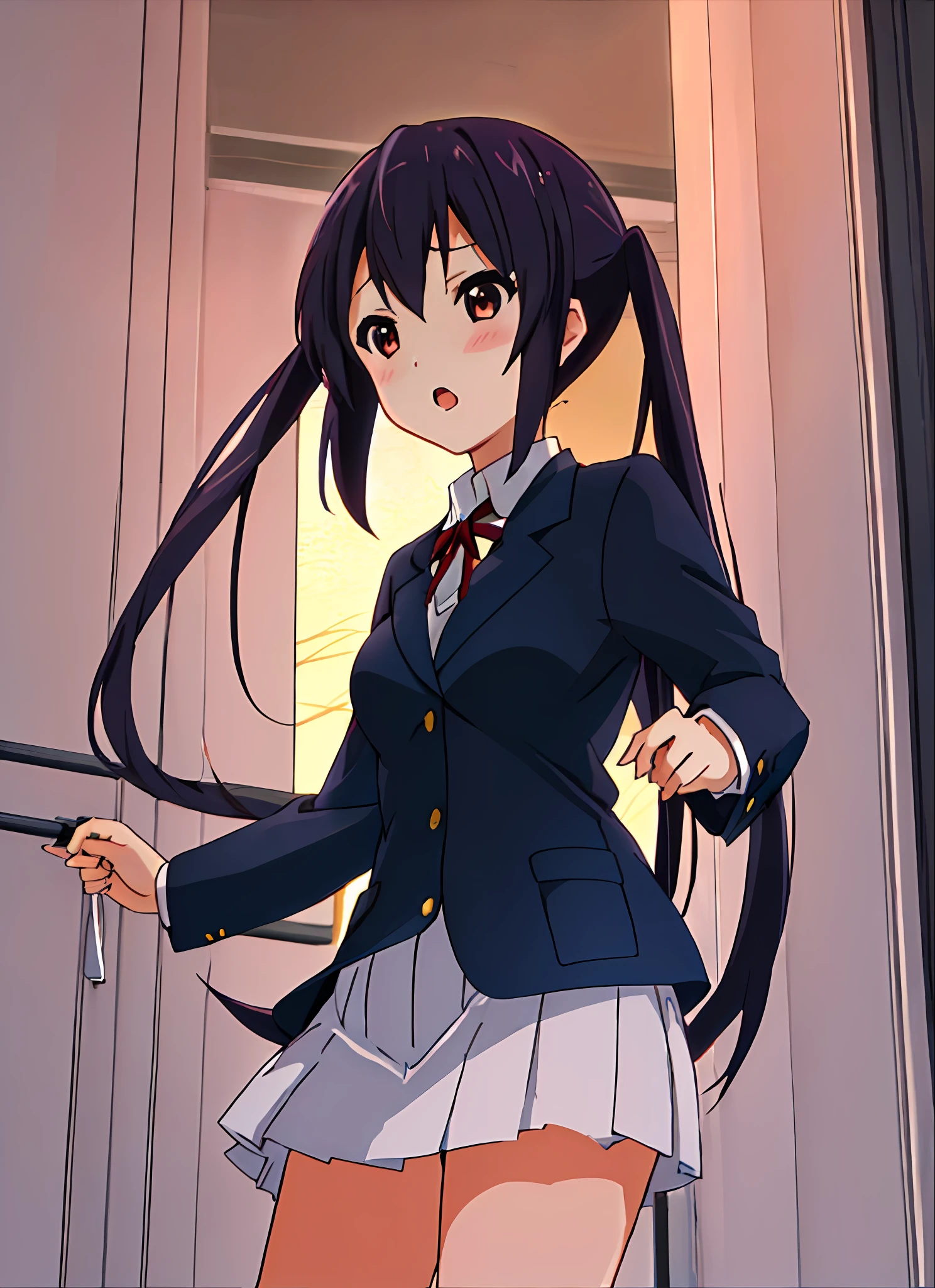 1girl, (((masterpiece))), top-quality, top-quality, High Details, nakano azusa, 1girl, Sakuragaoka High School Uniform, student clothes, Twin-tailed, length hair, A dark-haired, brown-eyed, 独奏, reddish, Dark blue blazer with thin red ribbon, Solid white buttoned shirt under blazer, illustratio, comic strip, soothing tones, Subdued Color, Soft cinematic light, adobe lightroom, photolab, HDR, intricately and hyper-detailed、(((depth of fields))))。(((masterpiece)))。(((top-quality))).)((ultra-detailliert)))。(((illustratio)))。(((takeout))).dynamic focus.((big breasts)).(((Skyscrapers))).(((A city scape))).(((Face of sadness))). open mouth.(((fighting stance))).(((up chest))).((evening glow)).((the setting sun)).