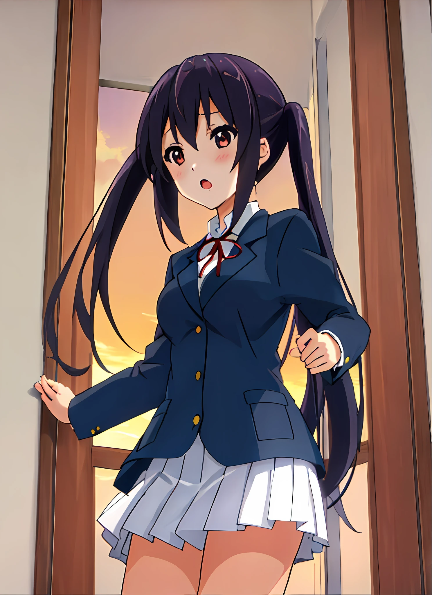 1girl, (((​masterpiece))), top-quality, top-quality, High Details, nakano azusa, 1girl, Sakuragaoka High School Uniform, student clothes, Twin-tailed, length hair, A dark-haired, brown-eyed, 独奏, reddish, Dark blue blazer with thin red ribbon, Solid white buttoned shirt under blazer, illustratio, comic strip, soothing tones, Subdued Color, Soft cinematic light, adobe lightroom, photolab, HDR, intricately and hyper-detailed、(((depth of fields))))。(((​masterpiece)))。(((top-quality))).)((ultra-detailliert)))。(((illustratio)))。(((takeout))).dynamic focus.((big breasts)).(((Skyscrapers))).(((A city scape))).(((Face of sadness))). open mouth.(((fighting stance))).(((up chest))).((evening glow)).((the setting sun)).
