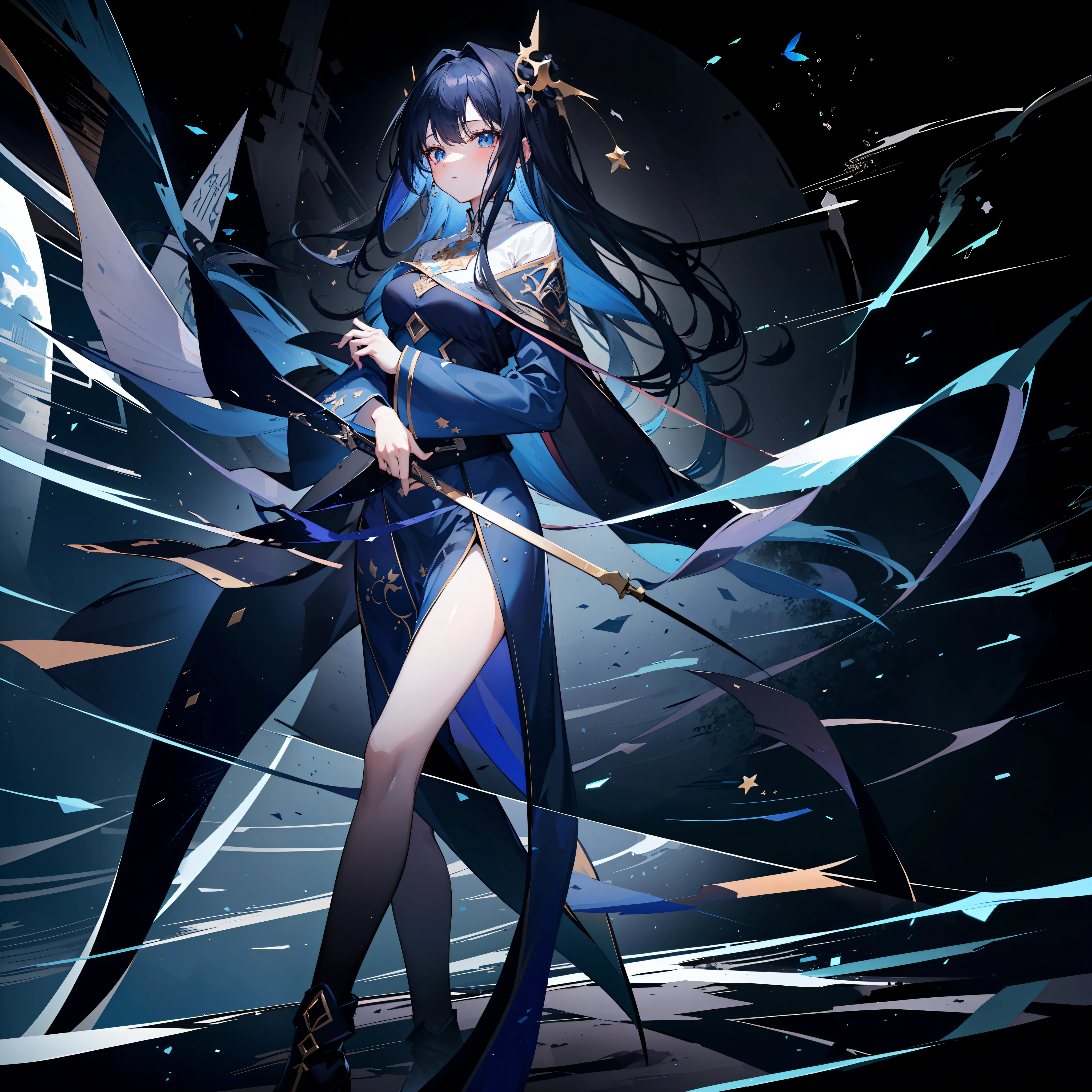 ((ultra - detailed)),((illustration)),((tmasterpiece)),(((Need))),((美丽细致的眼睛)),(the Extremely Detailed CG Unity 8K Wallpapers,best qualtiy,tmasterpiece),((4K,tmasterpiece,best qualtiy)),Slightly mature girl standing alone in the galaxy,Long dark blue hair,long whitr hair,The inside is navy blue,The outer side is dark blue,Long hair and waist,Dark blue dress,Dark blue cape shawl,Under the cloak are the stars,A sky full of stars,In the universe,Star eyes,Quiet,gyuru,There are many huge dark blue butterflies dotted with stars around,The river of stars surged under your feet,Dark blue veil,Whole body diagram,blacksilk,long skirt,Poor milk,Dark blue boots