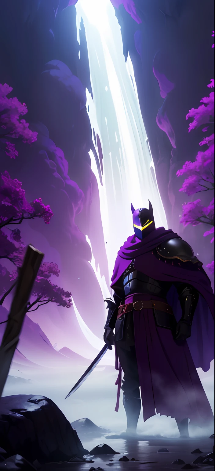 "Descreva o Cavaleiro (cavalo) do jogo Hollow cavalo em uma paisagem misteriosa e encantadora, where everything is dyed in shades of purple. The Knight is standing in a moss-covered clearing, surrounded by tall trees with bright purple leaves that create dancing shadows in the moonlight. in sky, a lua cheia irradia uma luz suave, bathing the entire scene in an ethereal glow. No horizonte distante, podem-se vislumbrar montanhas roxas majestosas, shrouded in mist. The Knight is wearing his iconic mask and holding his sharp sword, pronto para enfrentar qualquer desafio que encontrar neste mundo de sonhos. The atmosphere is mysterious, mas, ao mesmo tempo, inspires courage and determination. Descreva essa cena detalhadamente, focusing on the purple elements that give a unique touch to this landscape.