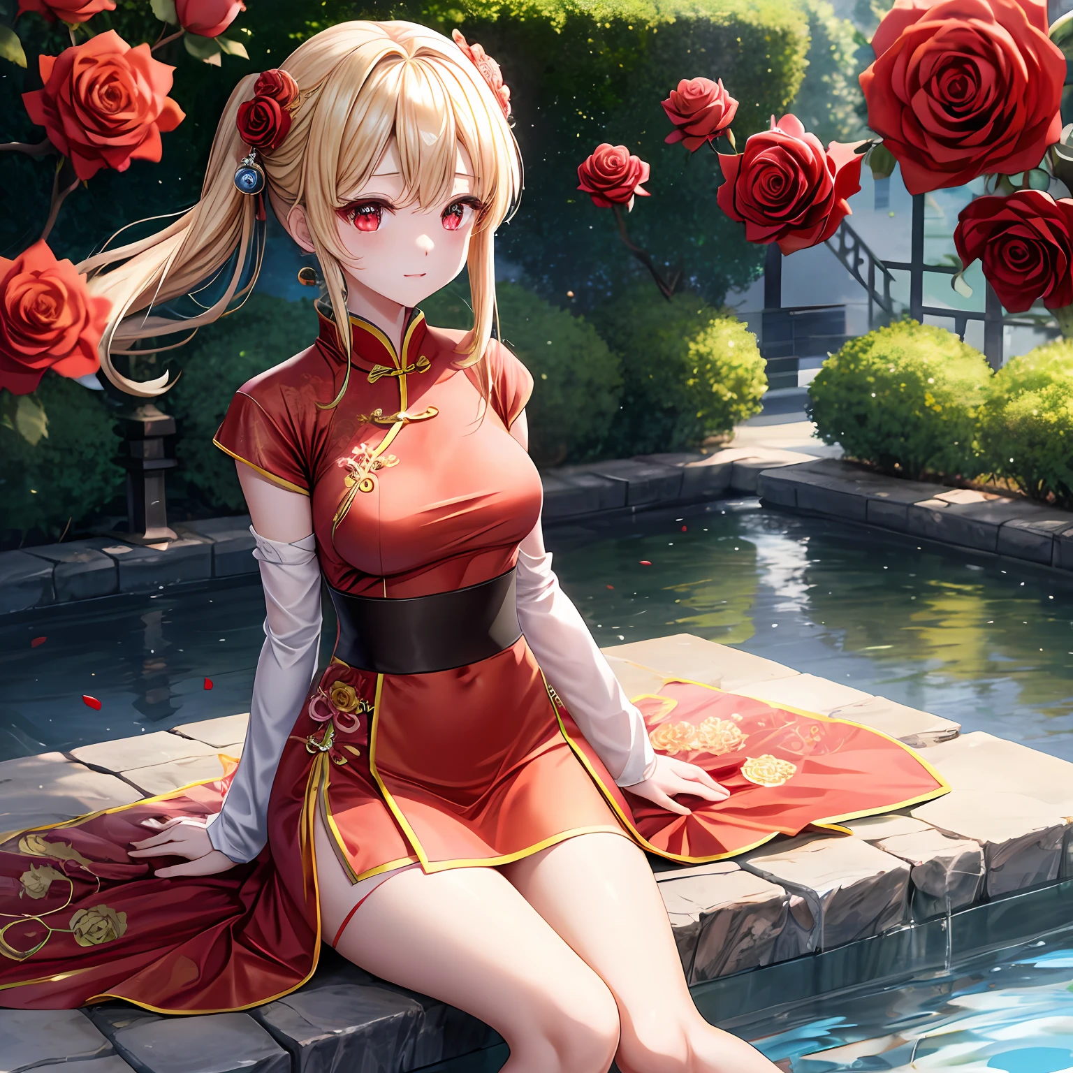 a blond、red eyes、Beautiful girl alone、kawaii、独奏、animesque、chinese dresses、a miniskirt、rose garden