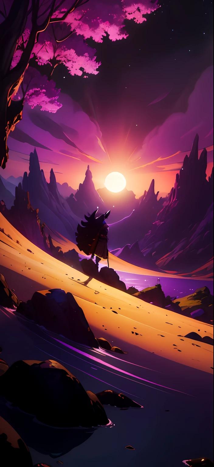 "Descreva o Cavaleiro (cavalo) do jogo Hollow cavalo em uma paisagem roxa e misteriosa, mergulhada na penumbra do anoitecer. The Knight is standing in a small clearing surrounded by exotic trees with foliage of deep shades of purple and violet. The sky is painted with a soft gradient of purple colors, creating an enigmatic and dreamlike environment.Na penumbra da lua crescente, o Cavaleiro aparece como uma silhueta impressionante, highlighting his mask and his sharp sword in his fist. Seu escudo reflete levemente a luz, exibindo detalhes intrincados em seu design. The landscape is dotted with small flowers of vibrant colors that emanate a soft glow in the dark, iluminando sutilmente o caminho do Cavaleiro.Ao longe, montanhas roxas e sombrias se erguem majestosamente, creating an imposing and mysterious setting. O nevoeiro envolve as encostas das montanhas, adding a layer of magic and adventure to the scene.The Knight remains motionless, capture a moment of reflection before embarking on your journey through the land of Hallownest. His determined gaze reveals the courage that resides in his heart, enquanto ele se prepara para enfrentar os desafios que encontrar pela frente.Nesta paisagem roxa, The aura of mystery and wonder is palpable, inviting the imagination to wander the depths of this enchanted land. Describe every detail of this scene to create a vivid and evocative image of the Knight on his nighttime adventure."