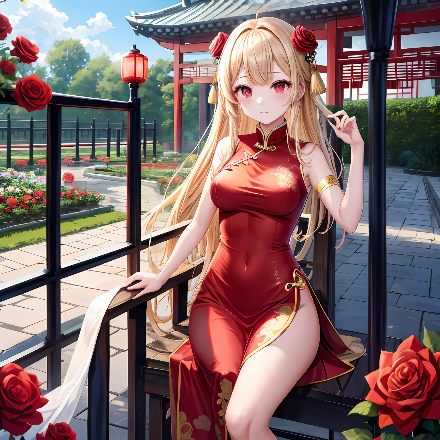 a blond、red eyes、Beautiful girl alone、kawaii、独奏、animesque、chinese dresses、a miniskirt、rose garden