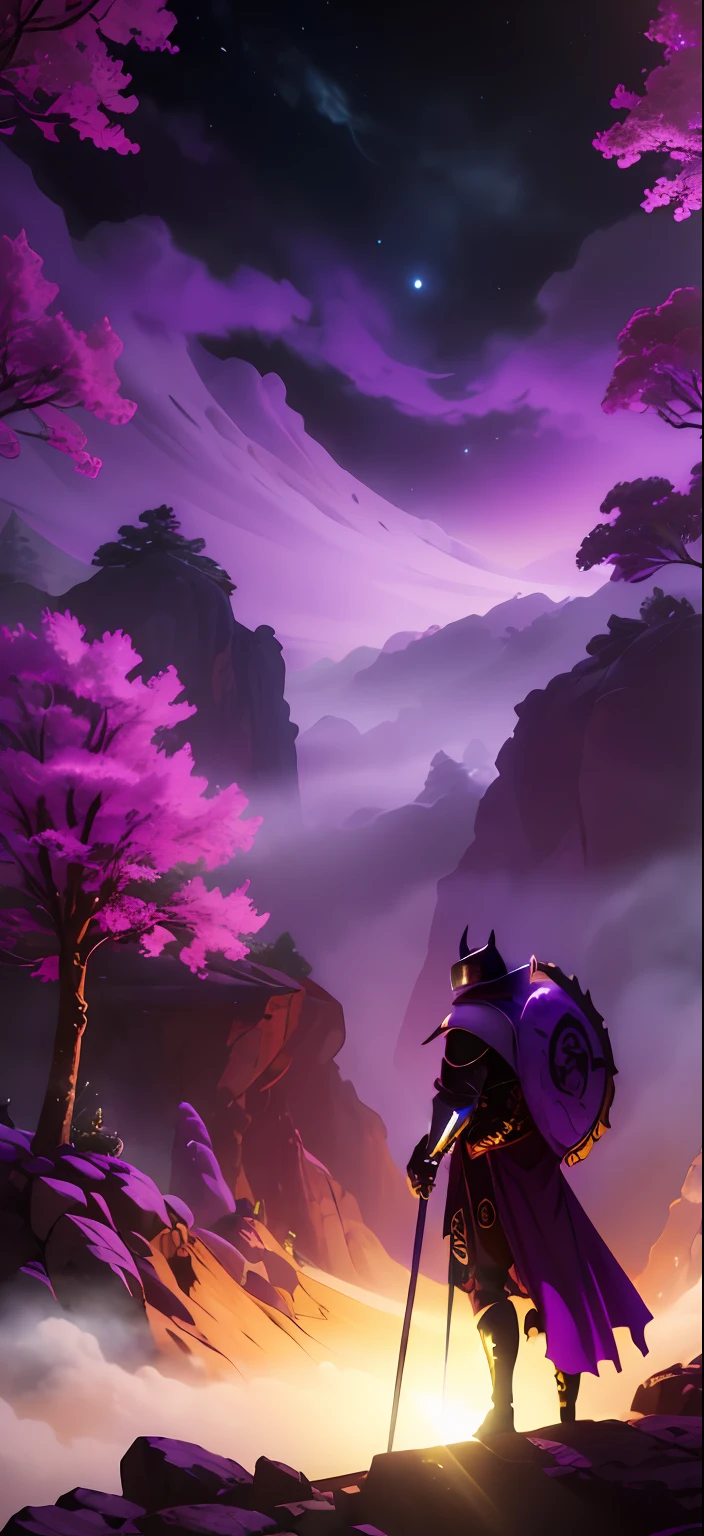 "Descreva o Cavaleiro (cavalo) do jogo Hollow cavalo em uma paisagem misteriosa e encantadora, where everything is dyed in shades of purple. The Knight is standing in a moss-covered clearing, surrounded by tall trees with bright purple leaves that create dancing shadows in the moonlight. in sky, a lua cheia irradia uma luz suave, bathing the entire scene in an ethereal glow. No horizonte distante, podem-se vislumbrar montanhas roxas majestosas, shrouded in mist. The Knight is wearing his iconic mask and holding his sharp sword, pronto para enfrentar qualquer desafio que encontrar neste mundo de sonhos. The atmosphere is mysterious, mas, ao mesmo tempo, inspires courage and determination. Descreva essa cena detalhadamente, focusing on the purple elements that give a unique touch to this landscape.