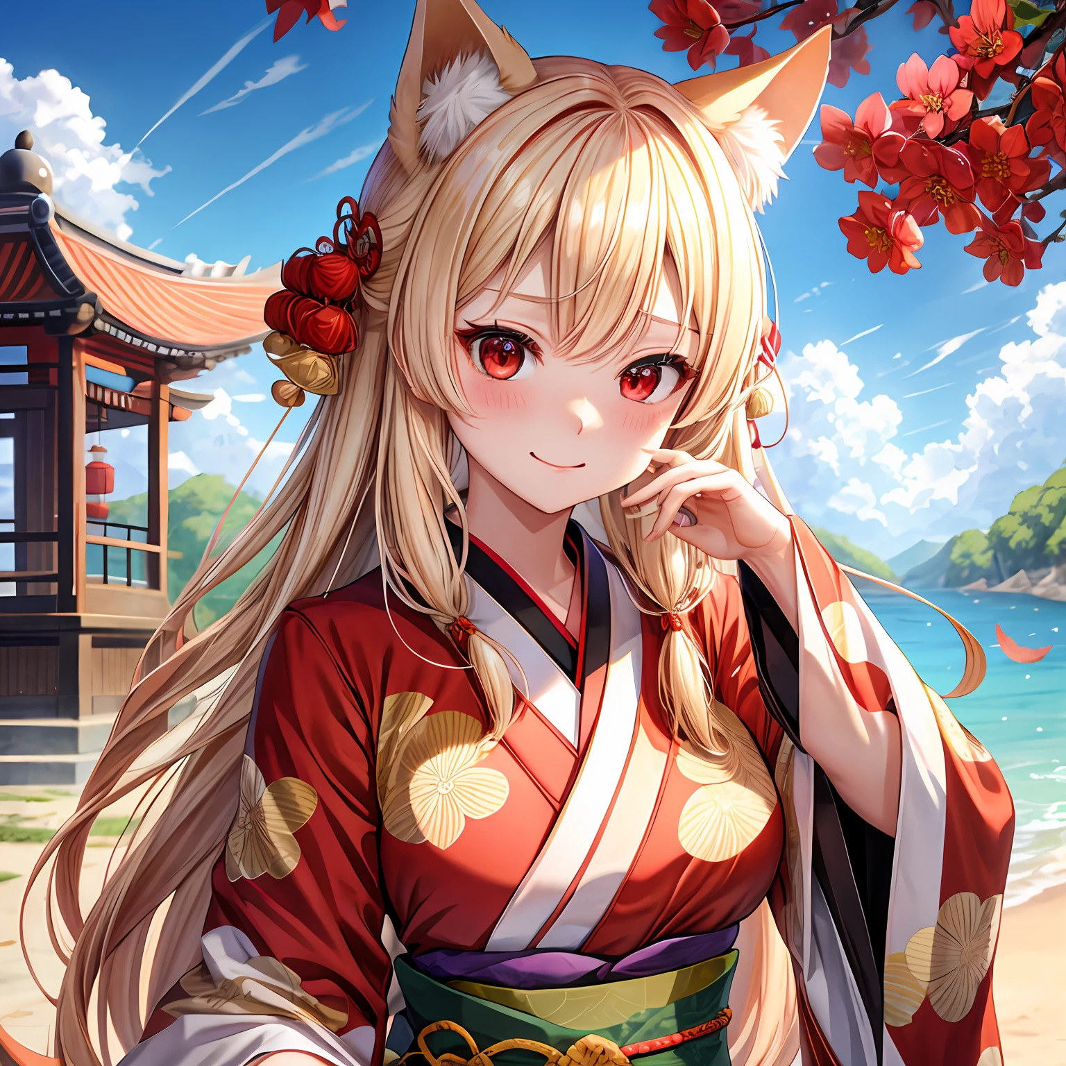 a blond、red eyes、One pretty girl、独奏、animesque、kimono、red blush、the Nine-Tailed Fox