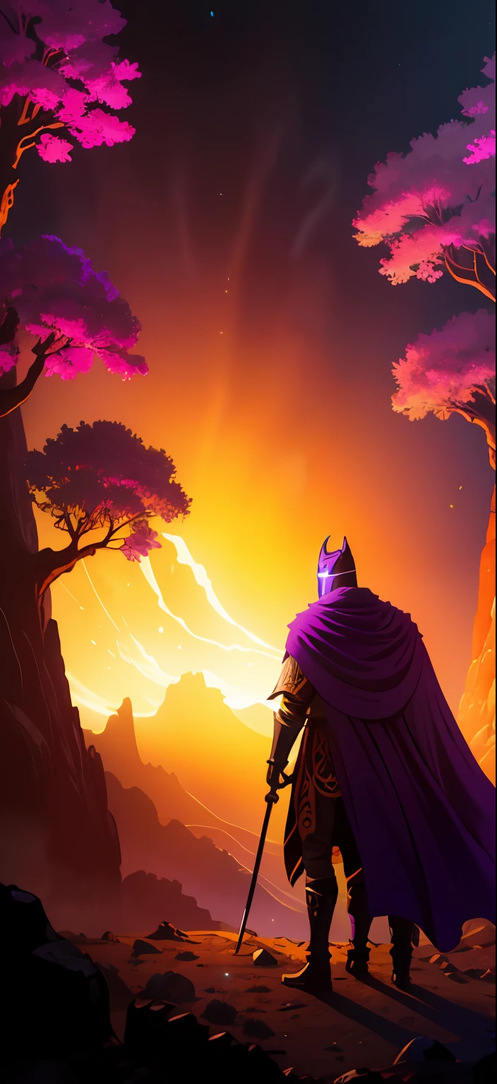 "Descreva o Cavaleiro (cavalo) do jogo Hollow cavalo em uma paisagem roxa e misteriosa, mergulhada na penumbra do anoitecer. The Knight is standing in a small clearing surrounded by exotic trees with foliage of deep shades of purple and violet. The sky is painted with a soft gradient of purple colors, creating an enigmatic and dreamlike environment.Na penumbra da lua crescente, o Cavaleiro aparece como uma silhueta impressionante, highlighting his mask and his sharp sword in his fist. Seu escudo reflete levemente a luz, exibindo detalhes intrincados em seu design. The landscape is dotted with small flowers of vibrant colors that emanate a soft glow in the dark, iluminando sutilmente o caminho do Cavaleiro.Ao longe, montanhas roxas e sombrias se erguem majestosamente, creating an imposing and mysterious setting. O nevoeiro envolve as encostas das montanhas, adding a layer of magic and adventure to the scene.The Knight remains motionless, capture a moment of reflection before embarking on your journey through the land of Hallownest. His determined gaze reveals the courage that resides in his heart, enquanto ele se prepara para enfrentar os desafios que encontrar pela frente.Nesta paisagem roxa, The aura of mystery and wonder is palpable, inviting the imagination to wander the depths of this enchanted land. Describe every detail of this scene to create a vivid and evocative image of the Knight on his nighttime adventure."