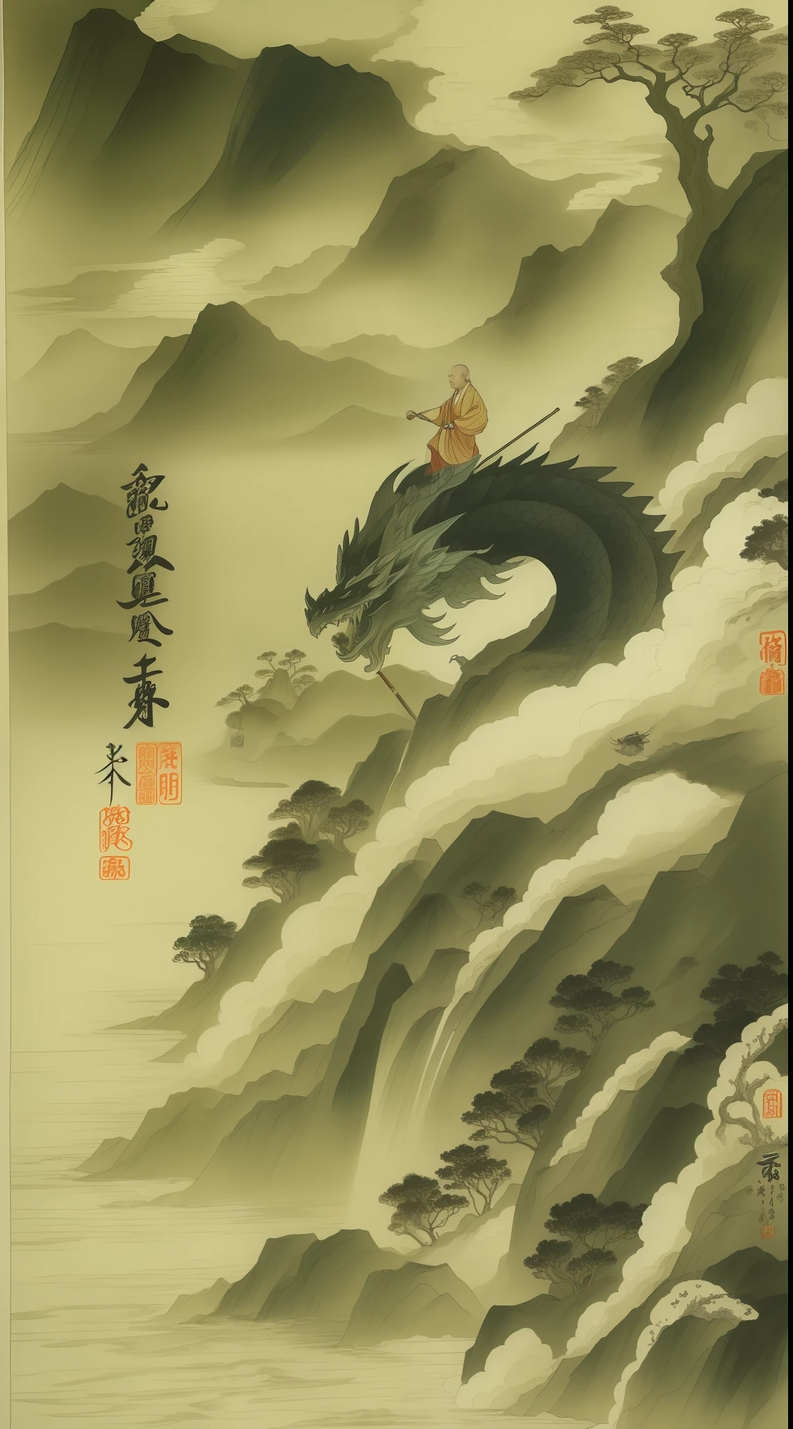 monk with a staff on a mountain cliff, a rising dragon rising from a lake, ink painting on japan paper,