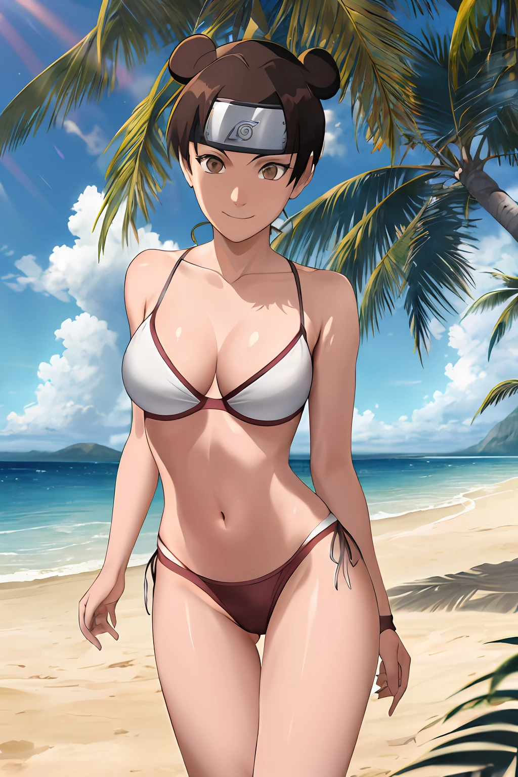 masterpiece, absurdres , (intricate details), (colorful),cinematic lighting,bust shot,extremely detailed CG unity 8k wallpaper, tenten\(shippuden\), 1girl, solo, forehead protector,konohagakure symbol, headband,  ((white thong bikini)), looking at viewer,cloudy sky, palm tree, beach, ocean, sunlight, sand, charming smile,