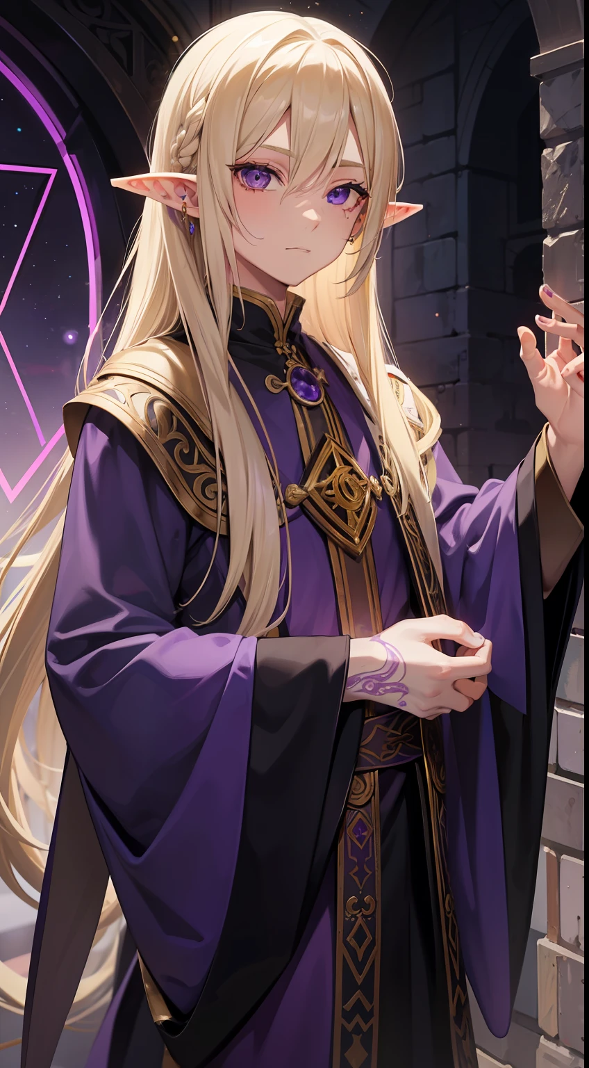 Young guy, longue blonde hair, violet eyes, elf ears, The Wizard's Uncovered Mantle, Magic tentacles, purple tattoos, Runes, Masterpiece, hiquality