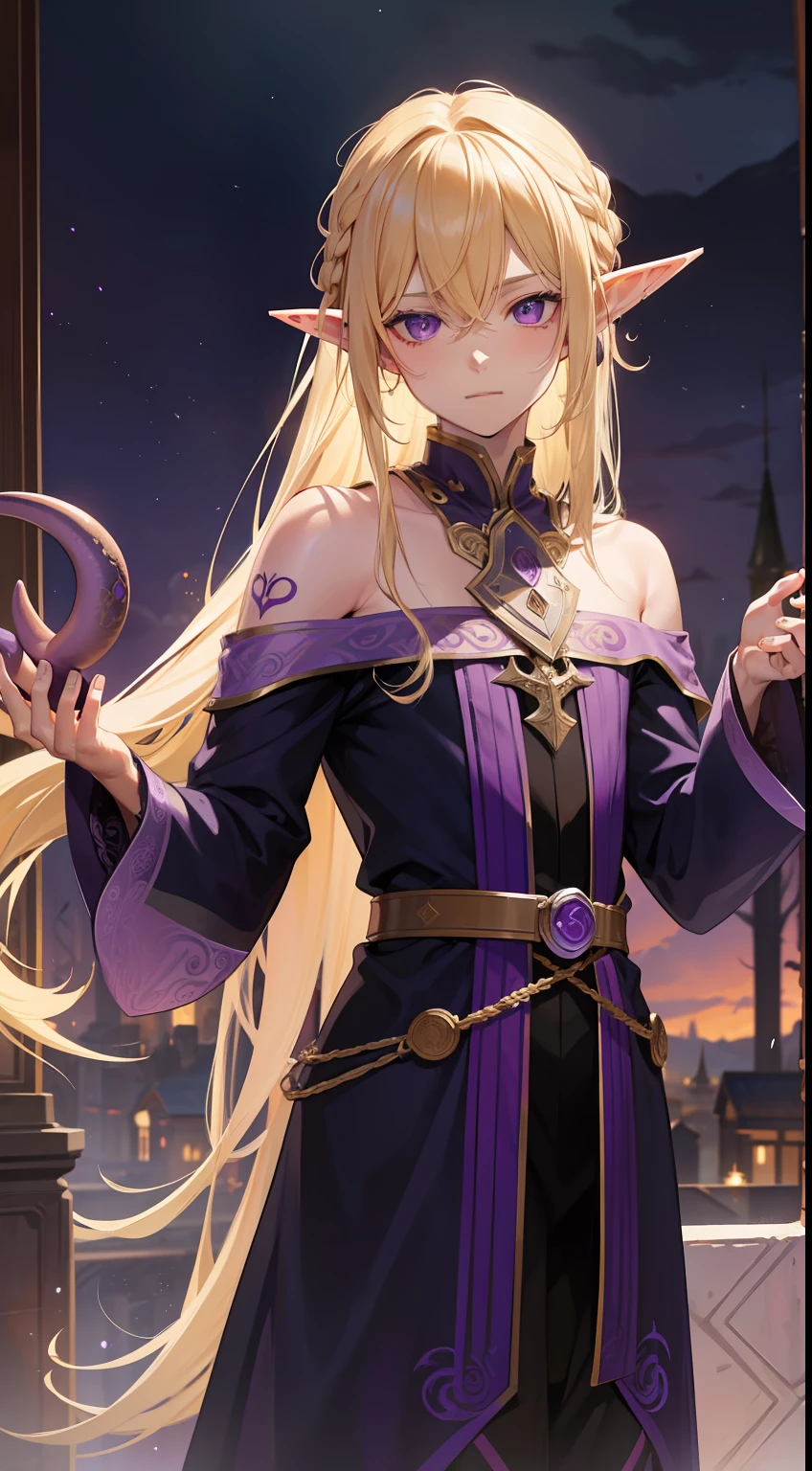Young guy, longue blonde hair, violet eyes, elf ears, The Wizard's Uncovered Mantle, Magic tentacles, purple tattoos, Runes, Masterpiece, hiquality
