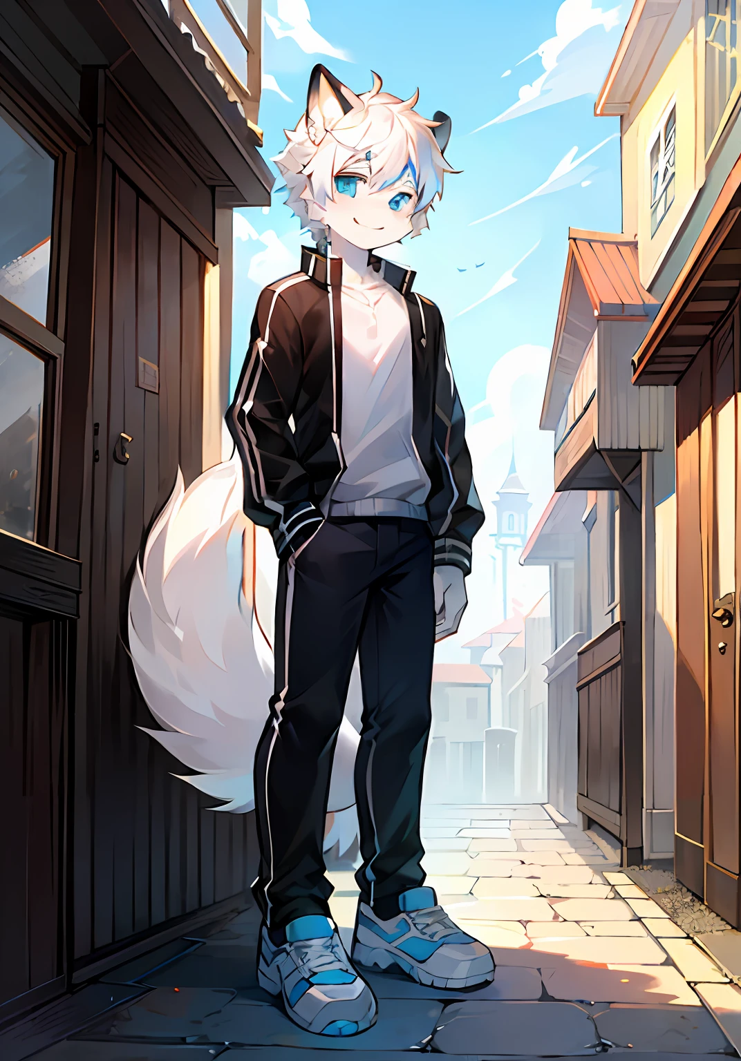 1boy,White hair,frontage(Shallow smile 1.2)standing on your feet,Black and white baseball jacket,Male cute,Zhongzheng,(Sunny day 1.1),Fluffy tail,Light blue eyes,(Slightly shy1.1),White canvas shoes