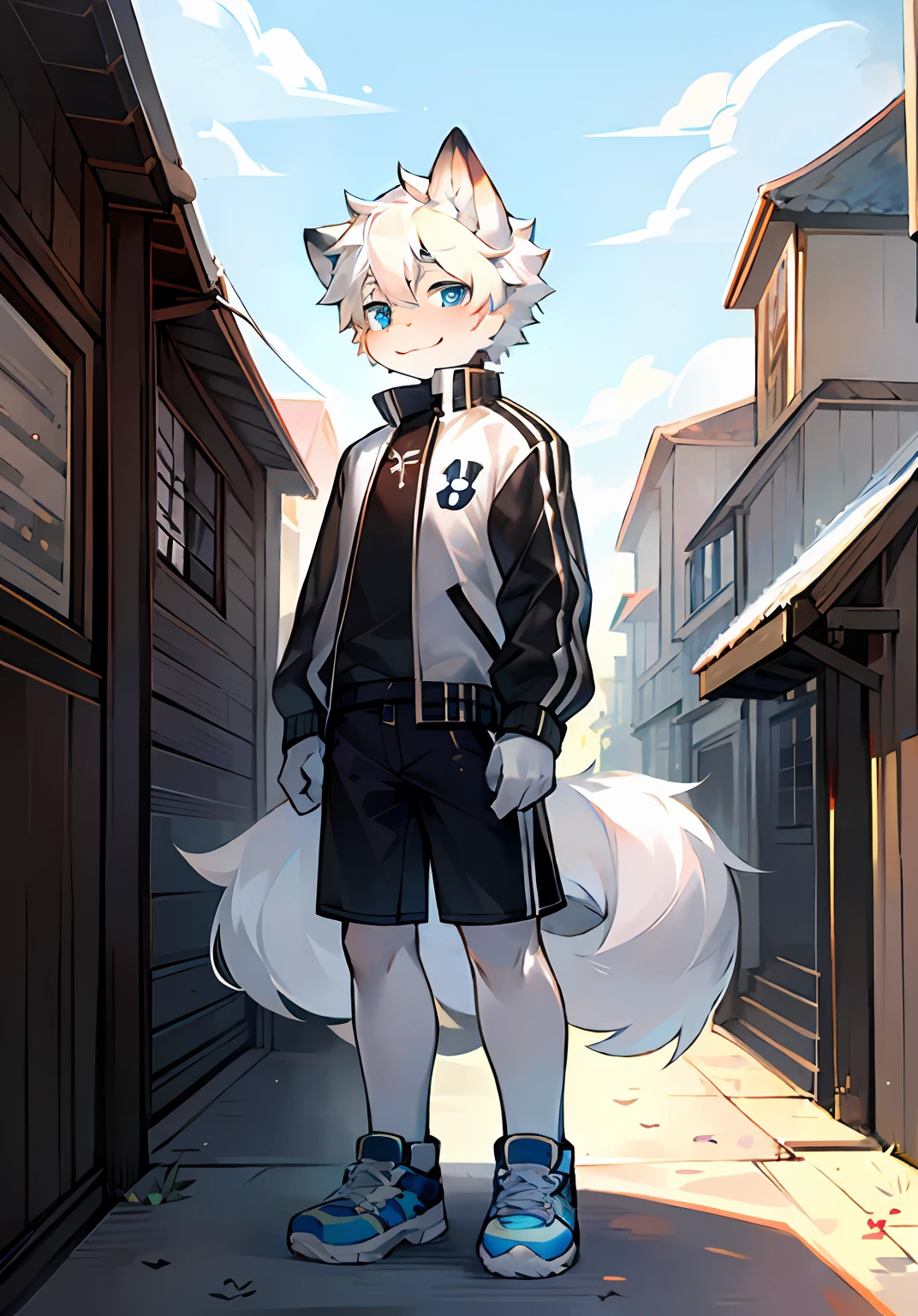 1boy,White hair,frontage(Shallow smile 1.2)standing on your feet,Black and white baseball jacket,Male cute,Zhongzheng,(Sunny day 1.1),Fluffy tail,Light blue eyes,(Slightly shy1.1),White canvas shoes