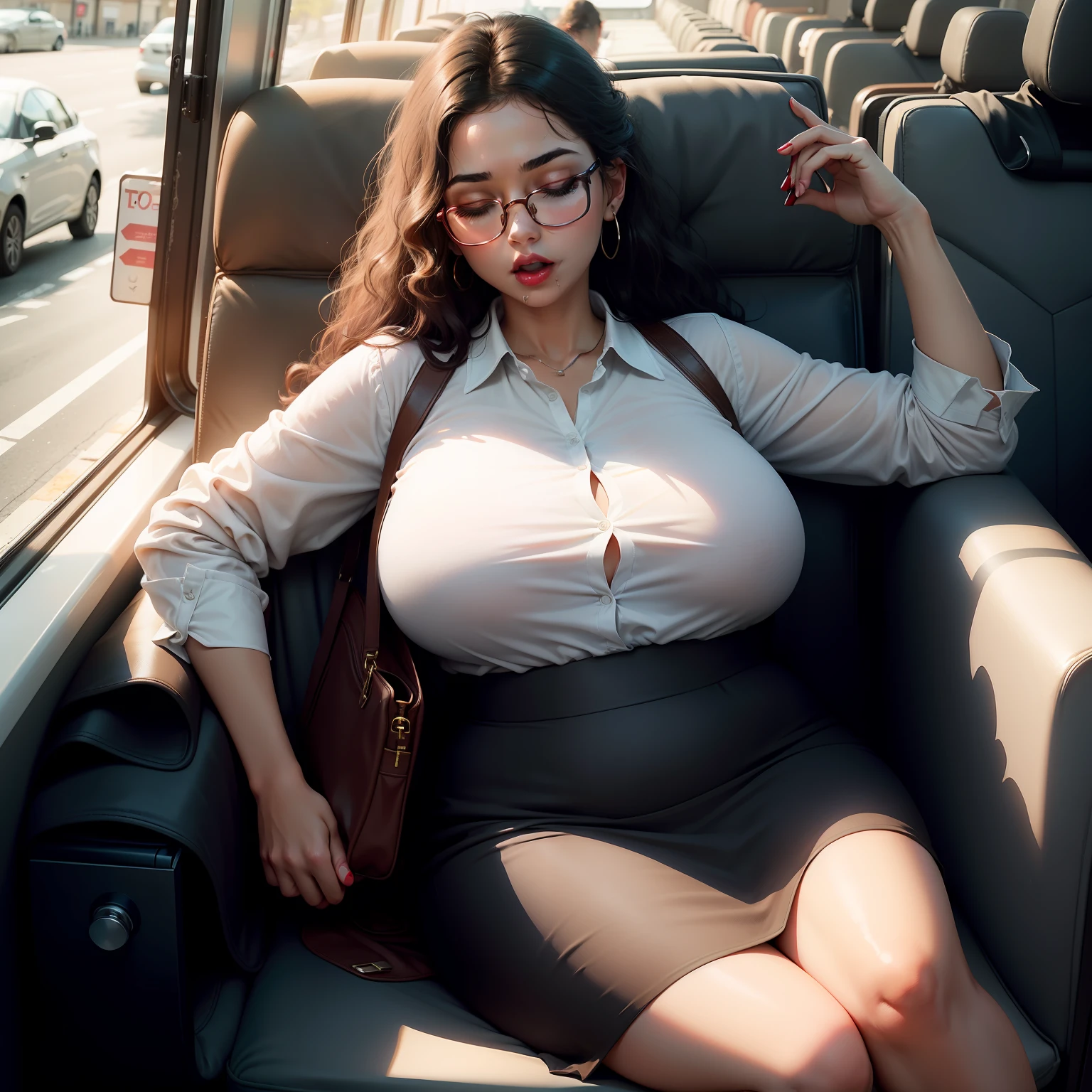 1 beautiful woman, drooling, eyelids outlined, sleeping with her mouth open, lips open, sleeping sitting on the bus seat, frizzy hair; White shirt; brown wallet; curvy woman, outlined eyes, dark-haired woman, glasses, dress pants, eyes closed, head resting on the seat, sitting near the window, head raised upwards with open mouth, eyes closed, red lips