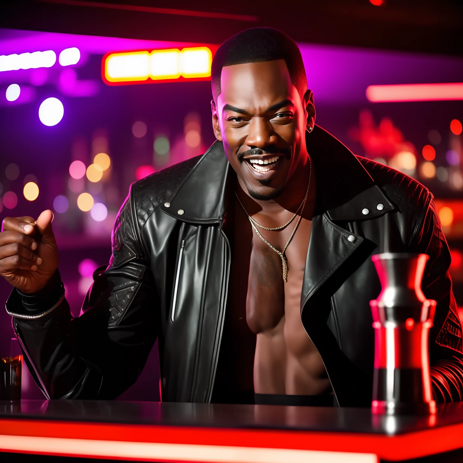 Eddie Murphy Cyberpunk Fun Laughing Hard at the Bar