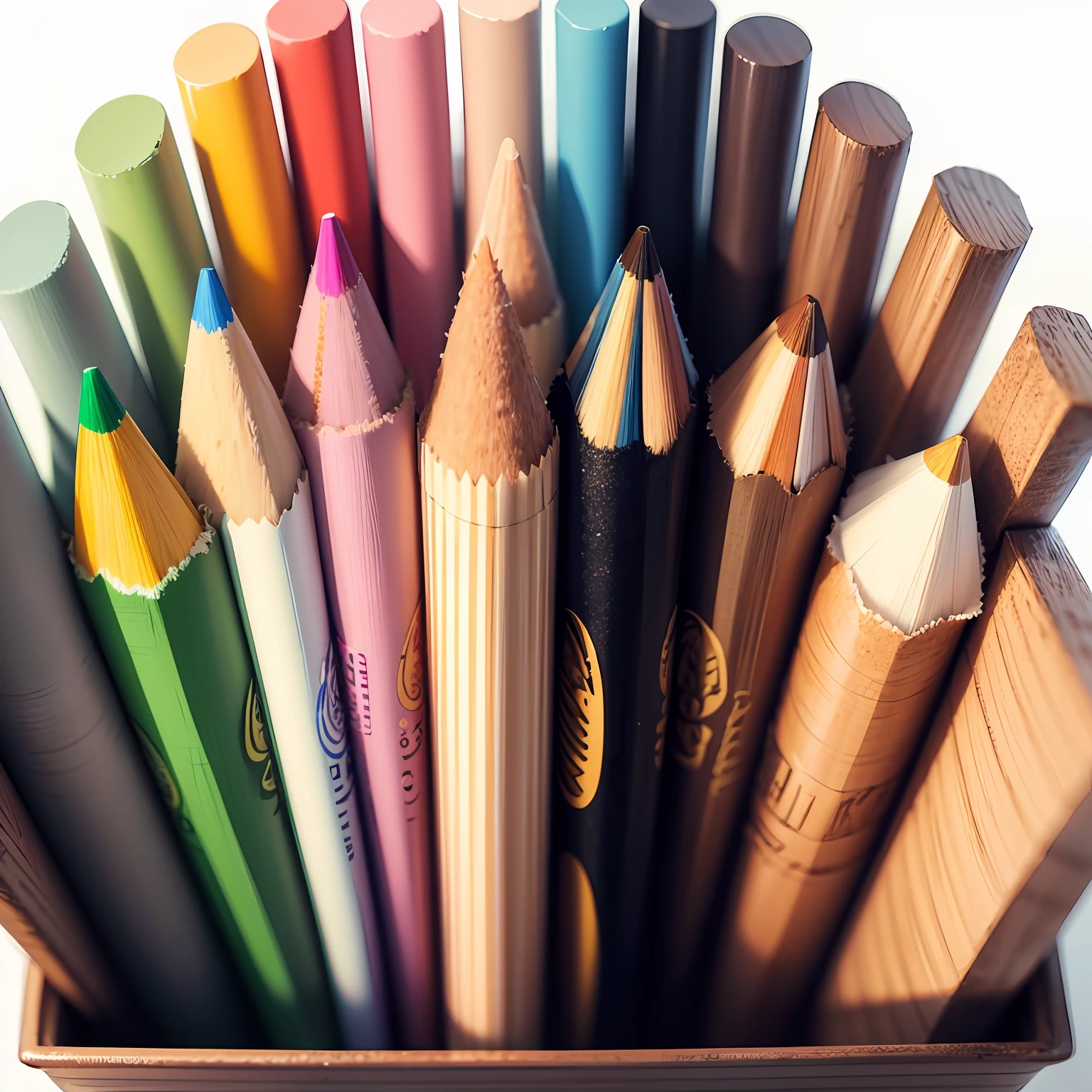 Colored pencils arranged vertically、Length varies、White background、Pencils in a horizontal row --auto