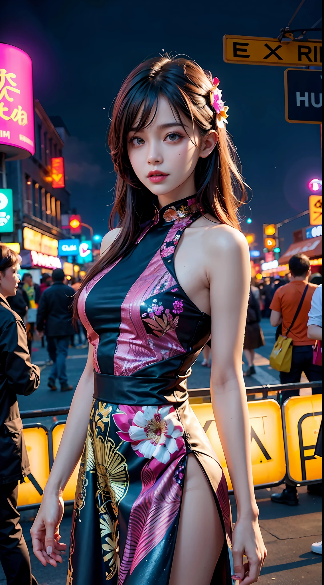 Some girls take selfies at food festivals, street, cyberpunk, city night, absurdres, highres, (ultra-detailed background), extremly detailed, artist style, (Fashion:1.2), (zentangle:1.3), material effects, upper body, galaxy multicolored hair in new york city at night with orange fog, cybercity, professional lighting, photon mapping, radiocity, physically-based rendering, long dress with vintage flower