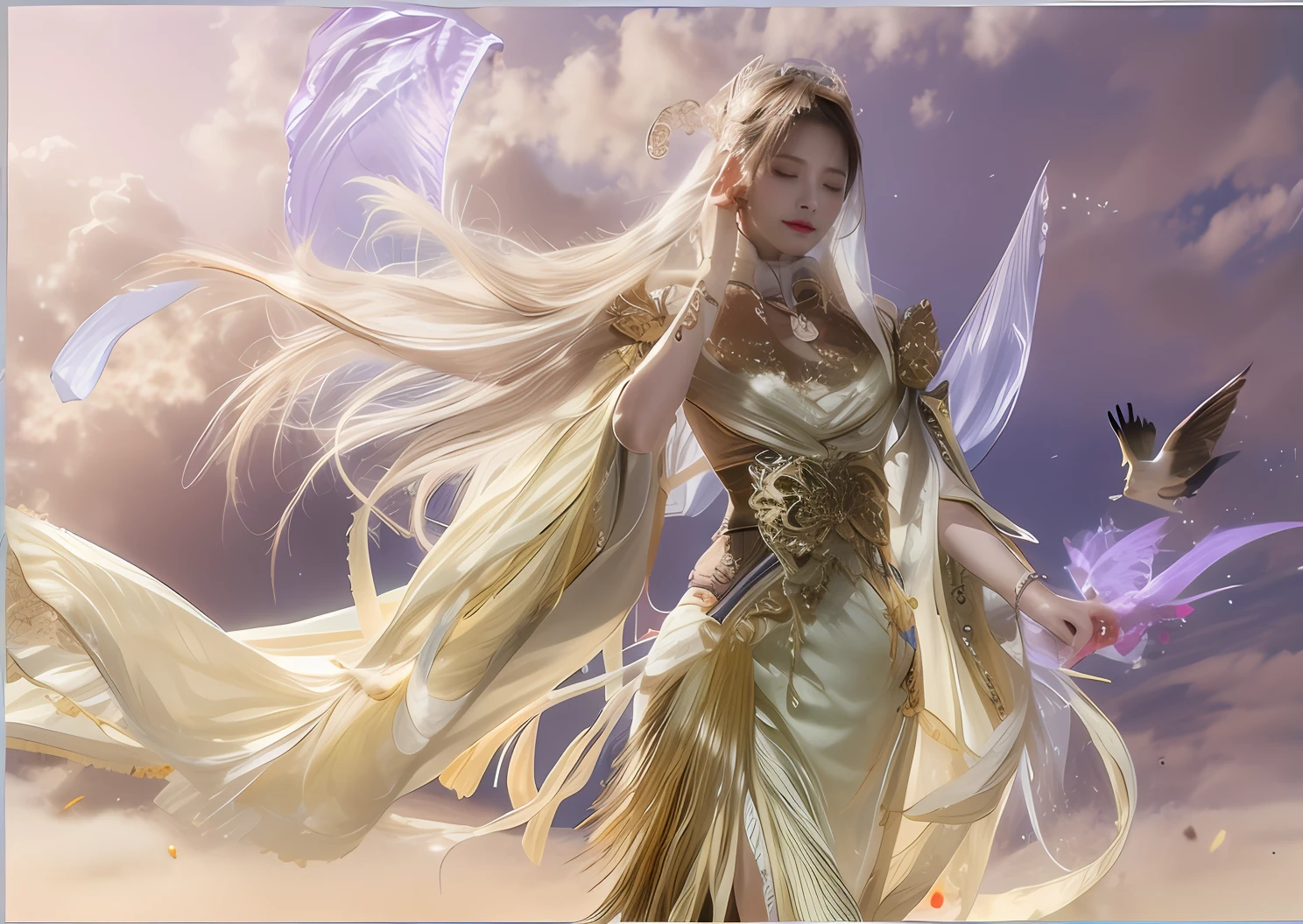 ancient goddess,详细的脸,(((The face is white and tender))),Closed eyes,Wear a veil,Beautiful and dignified,Aristocratic temperament,He wears a golden hairpin on his head,long white hair,White gold brocade,The left hand produces purple gas,There are birds flying,Behind it is a purple crescent-shaped halo,Suspended in the air,The sky is filled with purple clouds and a small number of white clouds,high high quality,best qualtiy,A high resolution,hyper HD,RAW photos