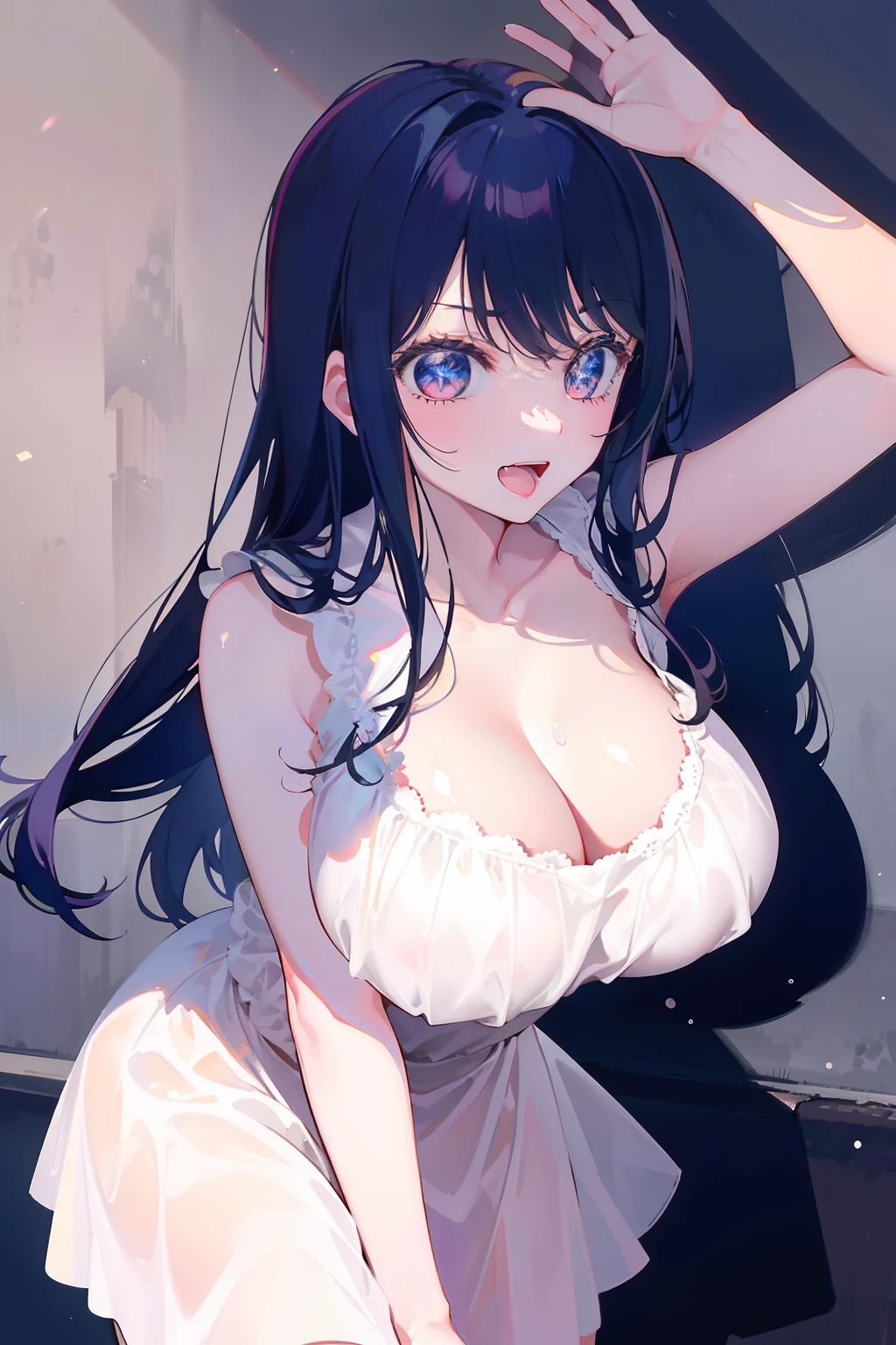 Ai Hoshino,Mouth open to laugh,Hands up,excited expression,outside,A half body,Soft light and shadow,The face is delicate,attractive cleavage,cute big breasts,The beautiful