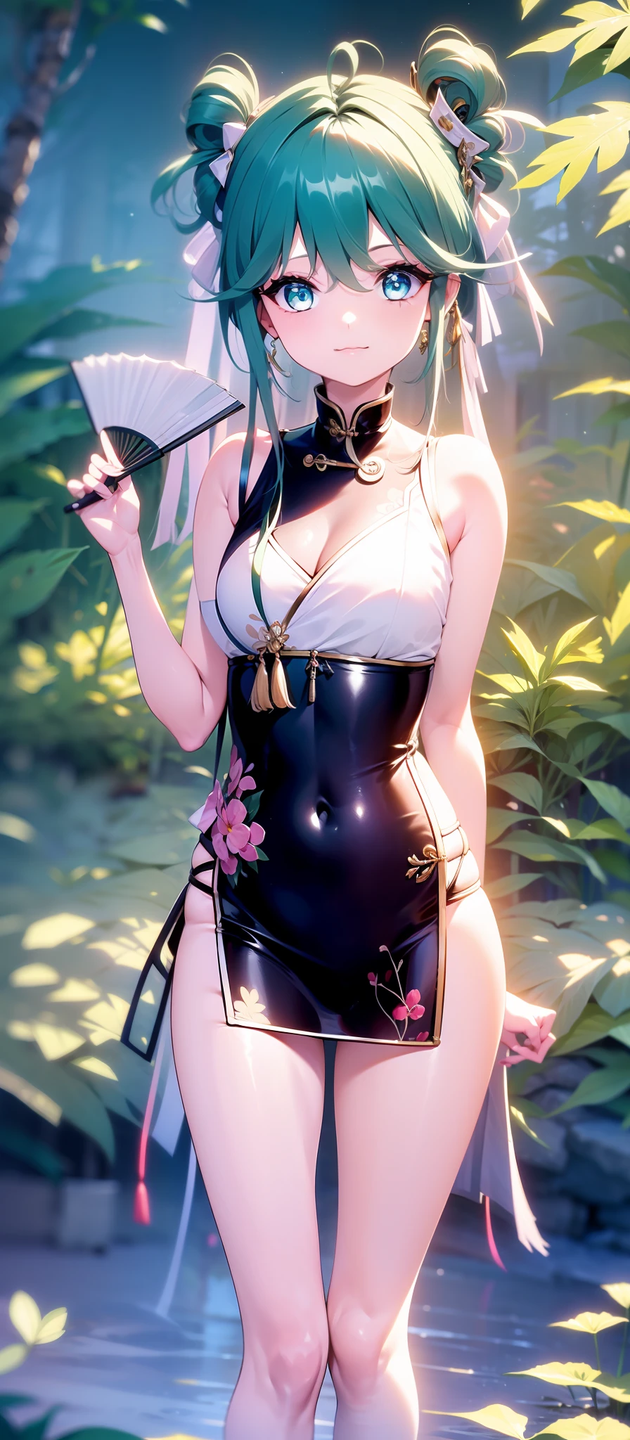 Girl, Standing in front of the pond, holding a fan, sharp eyes, Best quality, masterpiece