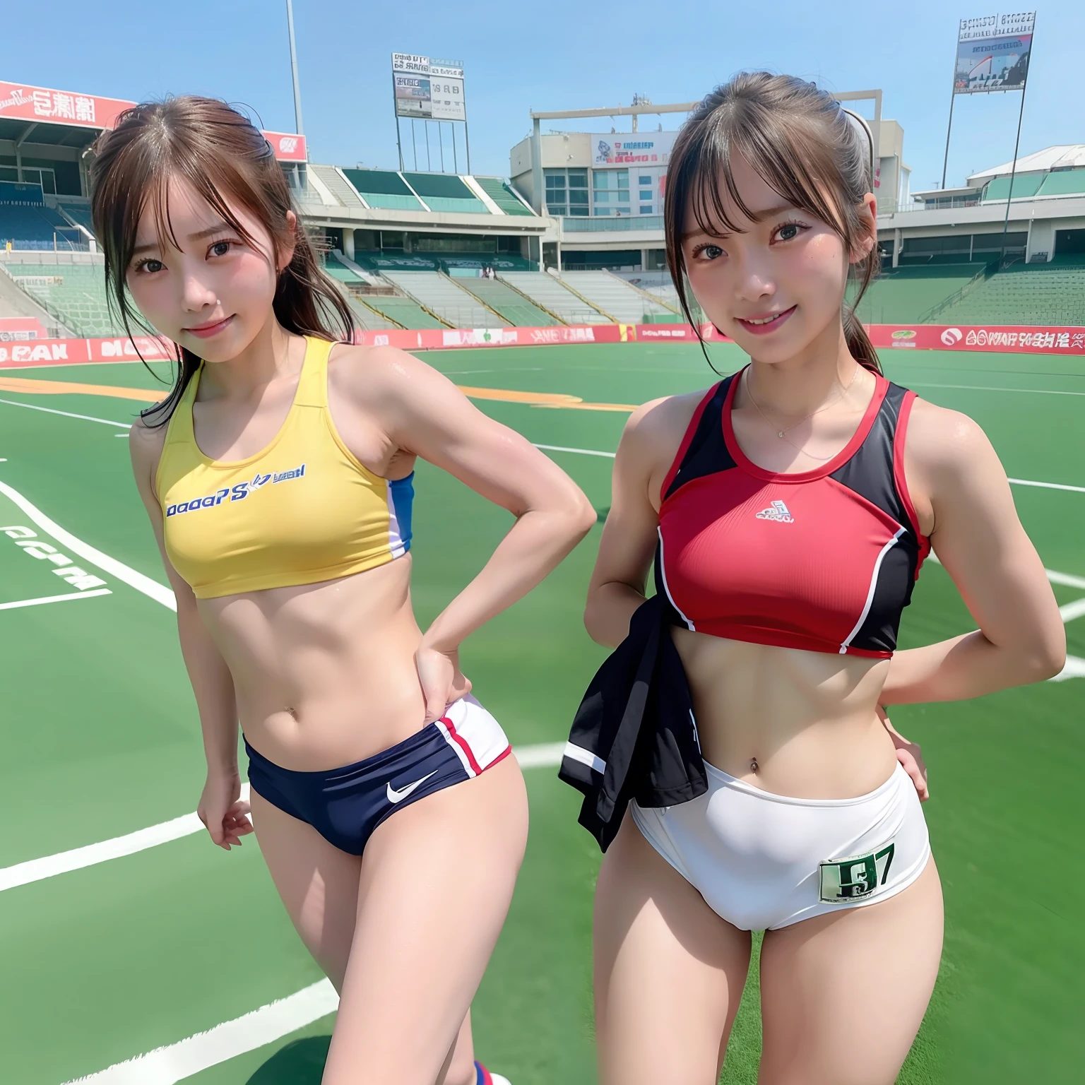Realistic Sports Girls Stadium Separate uniforms for athletics small tits short-cut Sunburn marks sweat-wet skin Sensational poses Sweat-soaked uniform Emerging papillae