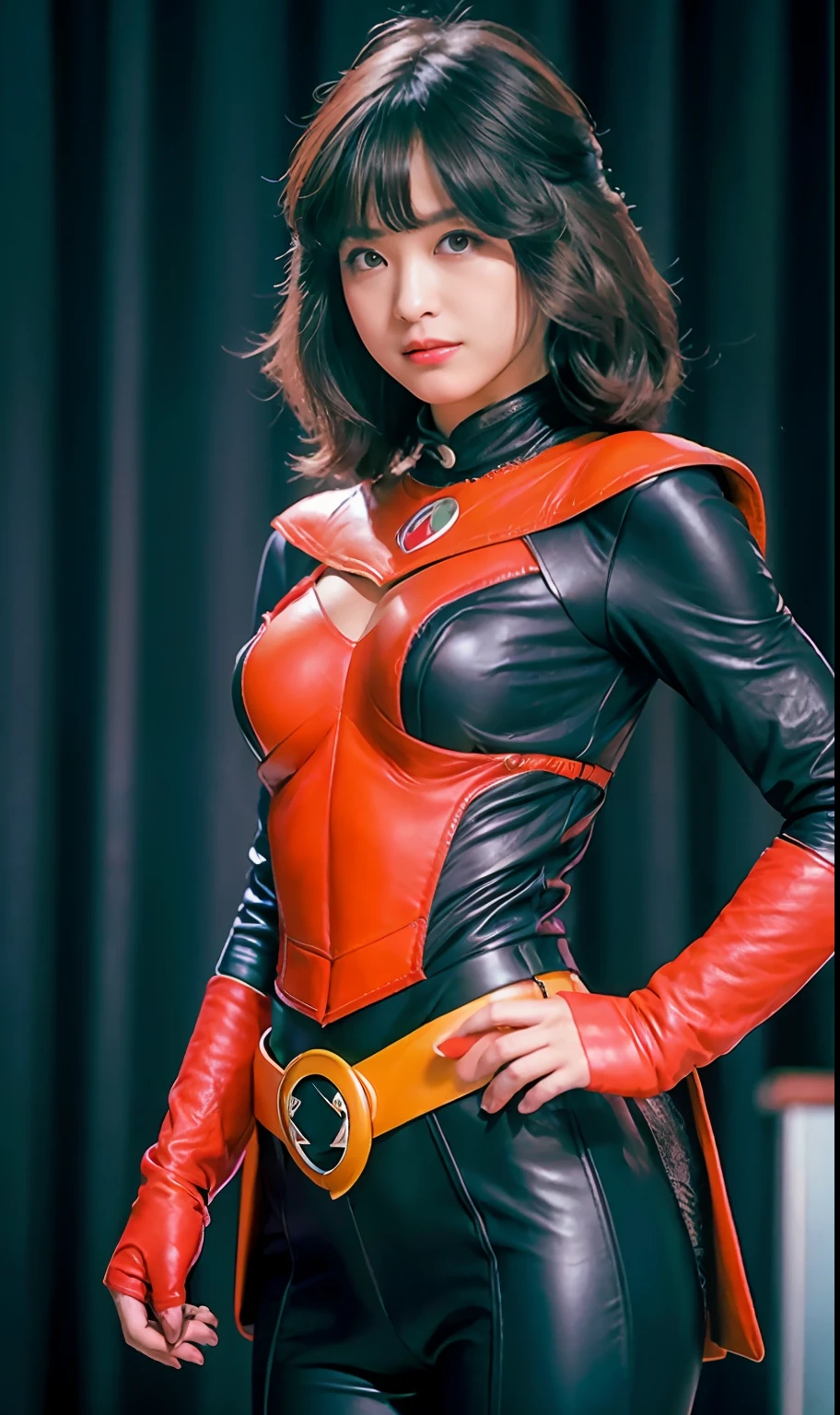 (Raw foto:1.2), Beautuful Women, ultra-detailliert, hight resolution, top-quality, ​masterpiece, ((Leather Superhero Cosplay)､newyork