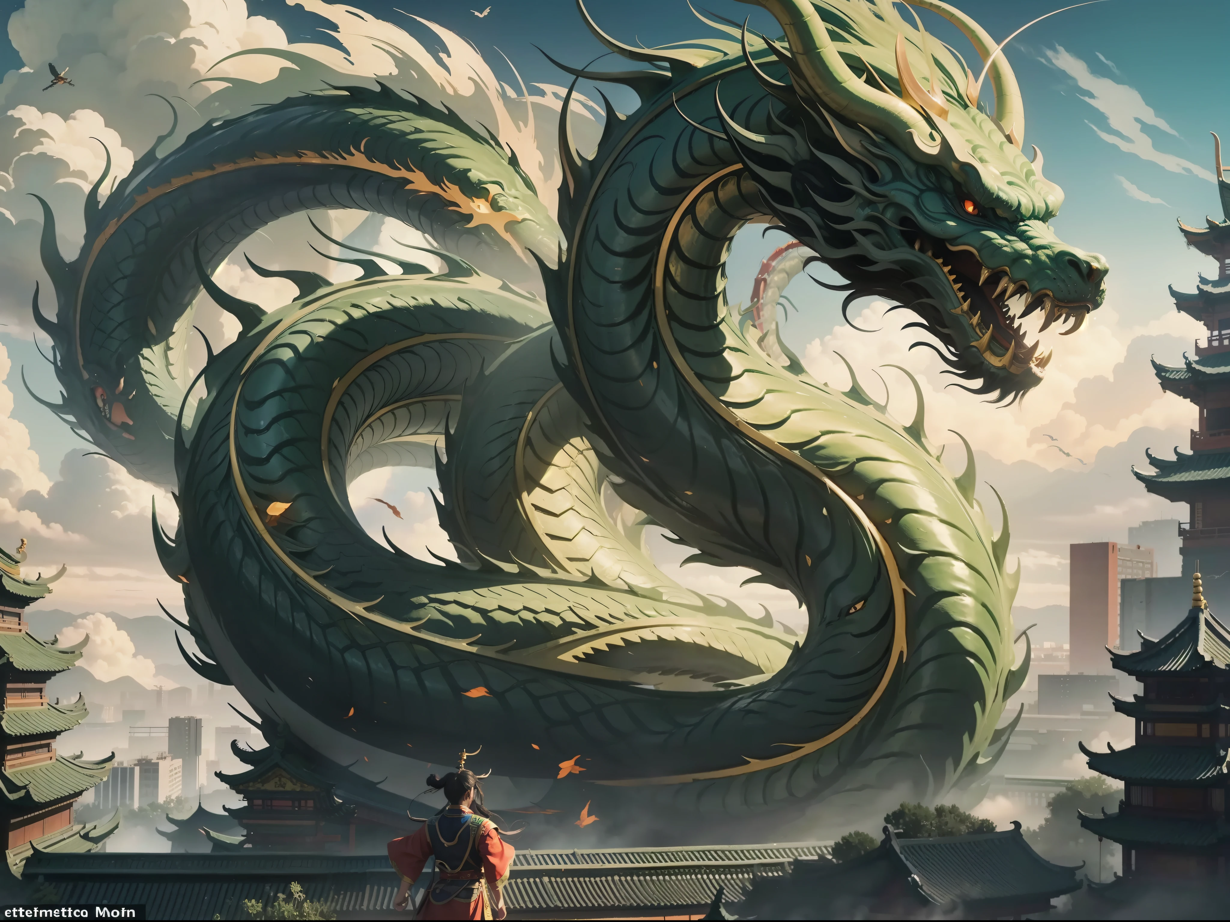 (1 Chinese Shenlong:1),In the sky of the city,In the daytime,best qualtiy,tmasterpiece,Epic composition,