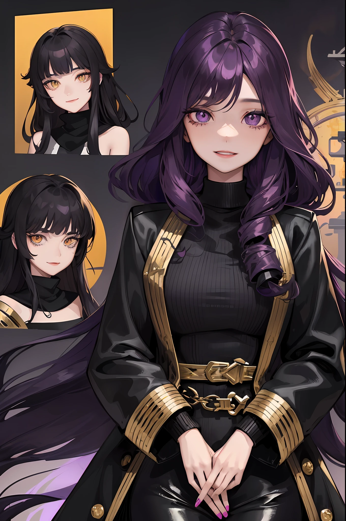 1woman, purple long wavy hair, swept bangs, ((golden eyes)), fake smile, unnerving smile, black turtleneck, pirate coat, dark sky, pretty eyes, lifeless eyes, big doll-like eyes