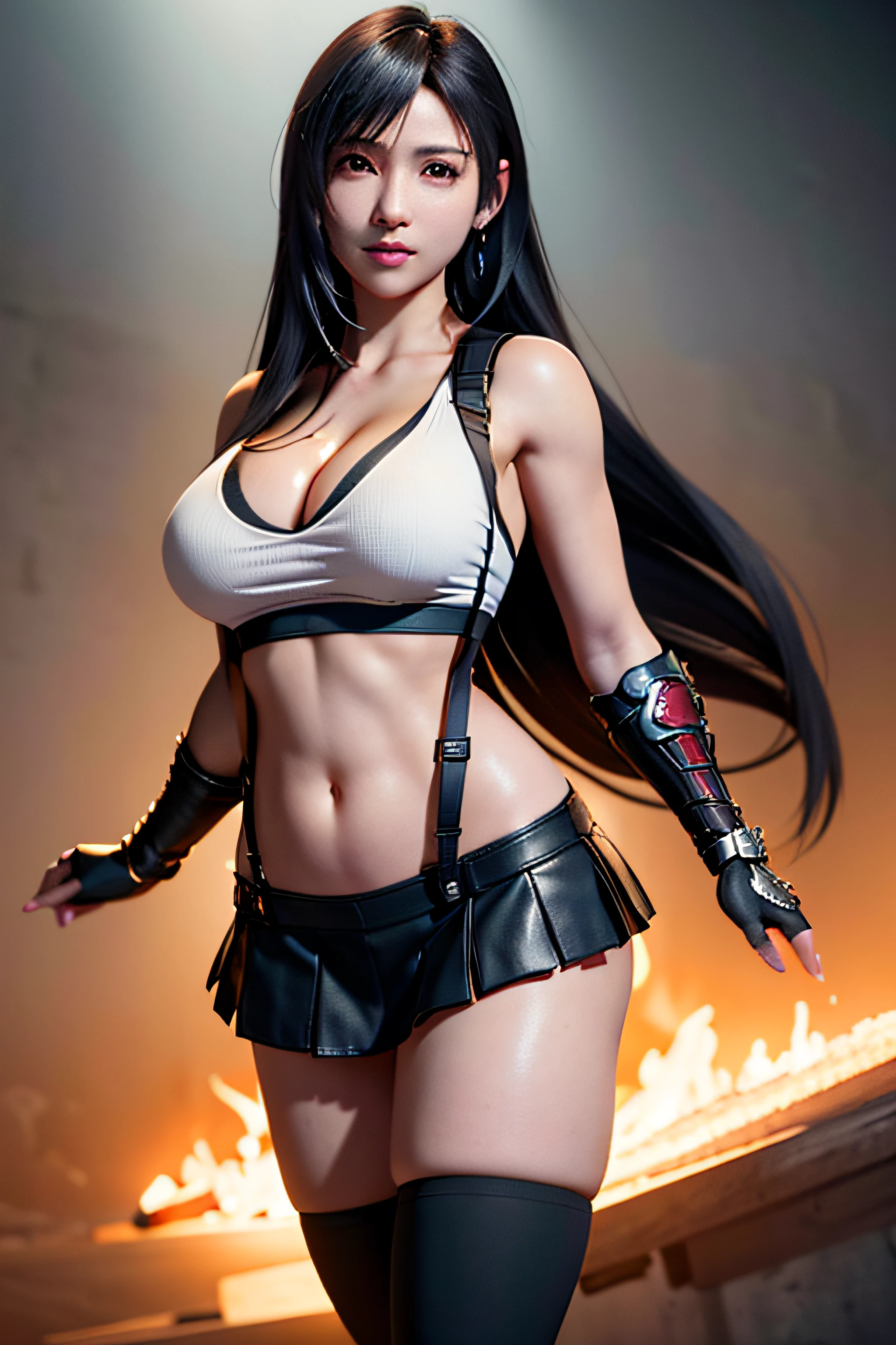 (8k, best quality, masterpiece:1,2), (realistic, photo-realistic:1,37), top quality, masterpiece, a beautiful woman, playing DJ music in a nightclub, wearing headphones, beautiful and tight body, tight clothes, cleavage, a little tattoo on the chest, a charming smile with dimples Tifa Lockheart long black hair, wearing a black leather pleeted mini skirt and whit halter top with suspenders, full body portrait, thick thighs, toned body,breasts, life like, high definition, high resolution, dynamic pose, delicate face, vibrant eyes, long hair, expressive hair, multicolored eyes, aqua eyes, purple eyes, shy, blush, parted lips, heavy breathing, sparkle, god rays, super detail, high quality, anatomically correct, textured skin, best quality,full body portrait, guweiz on artstation pixiv, flaming nova,fire in the sky, photo realism, ultra high detail, rich detail, sensual expression, resolution 4098x2160, 8k white haired deity,cinematic lighting, glowing light, god rays, ray tracing, reflection light, backlighting, blending, drop shadow, 360 view, UHD, masterpiece, ccurate, anatomically correct, super detail, high details, high quality, award winning, best quality, highres, 16k