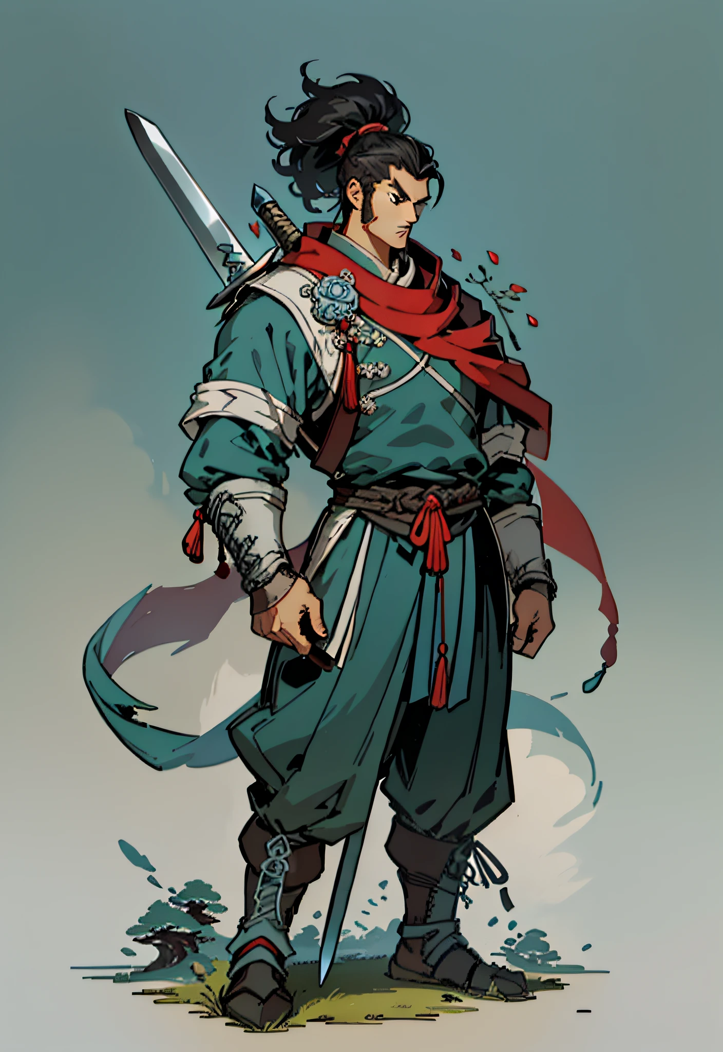 (tmasterpiece,8K,best qualtiy;1.3),Shushan swordsman,Carrying a giant sword on his back,Cartoony,Caricature image,China-style,Cartoon image,adolable,at centre,solid color backdrop,clean backdrop,Character setting diagram,calligraphy characters,ultra - detailed