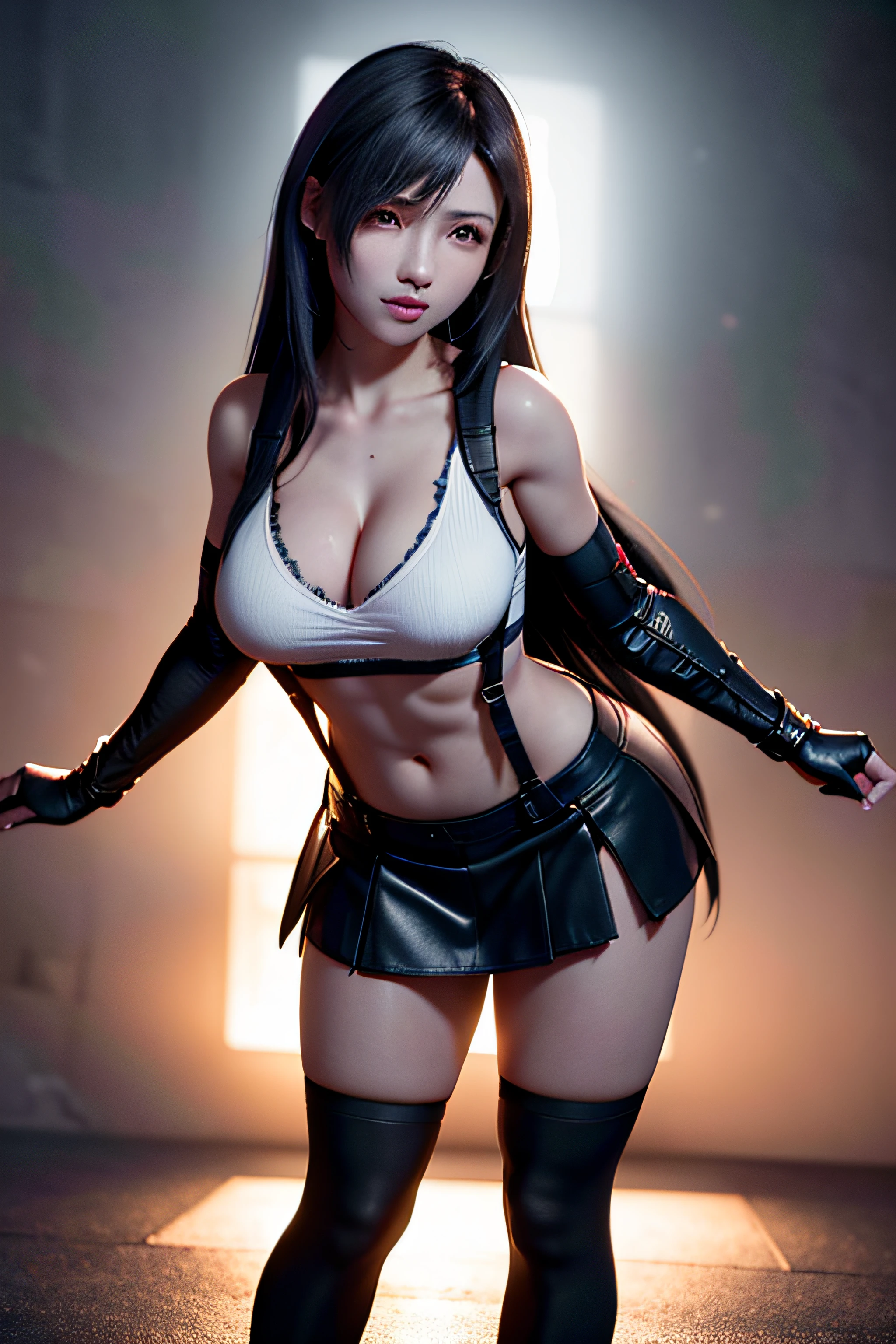 (8k, best quality, masterpiece:1,2), (realistic, photo-realistic:1,37), top quality, masterpiece, a beautiful woman, playing DJ music in a nightclub, wearing headphones, beautiful and tight body, tight clothes, cleavage, a little tattoo on the chest, a charming smile with dimples Tifa Lockheart long black hair, wearing a black leather pleeted mini skirt and whit halter top with suspenders, full body portrait, thick thighs, toned body,breasts, life like, high definition, high resolution, dynamic pose, delicate face, vibrant eyes, long hair, expressive hair, multicolored eyes, aqua eyes, purple eyes, shy, blush, parted lips, heavy breathing, sparkle, god rays, super detail, high quality, anatomically correct, textured skin, best quality,full body portrait, guweiz on artstation pixiv, flaming nova,fire in the sky, photo realism, ultra high detail, rich detail, sensual expression, resolution 4098x2160, 8k white haired deity,cinematic lighting, glowing light, god rays, ray tracing, reflection light, backlighting, blending, drop shadow, 360 view, UHD, masterpiece, ccurate, anatomically correct, super detail, high details, high quality, award winning, best quality, highres, 16k