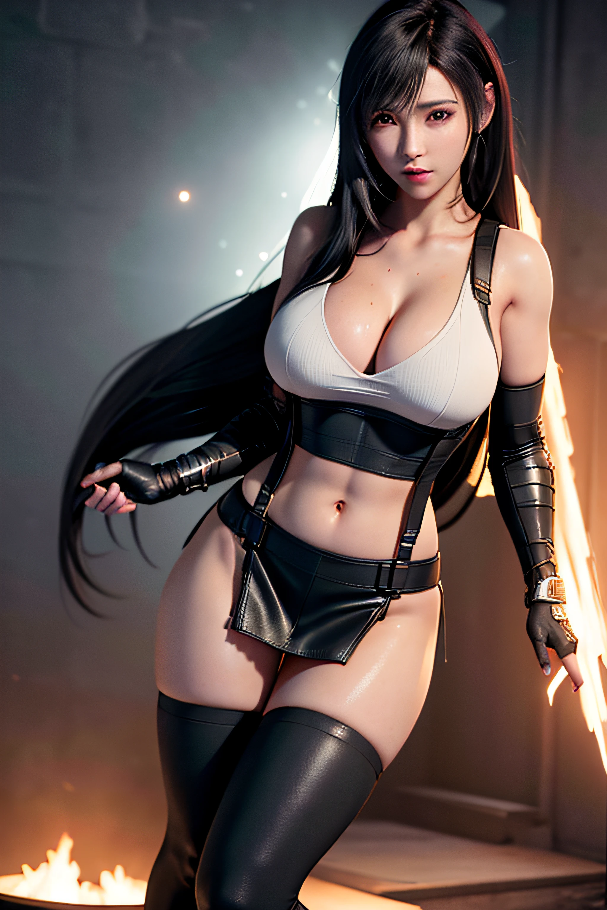 (8k, best quality, masterpiece:1,2), (realistic, photo-realistic:1,37), top quality, masterpiece, a beautiful woman, playing DJ music in a nightclub, wearing headphones, beautiful and tight body, tight clothes, cleavage, a little tattoo on the chest, a charming smile with dimples Tifa Lockheart long black hair, wearing a black leather pleeted mini skirt and whit halter top with suspenders, full body portrait, thick thighs, toned body,breasts, life like, high definition, high resolution, dynamic pose, delicate face, vibrant eyes, long hair, expressive hair, multicolored eyes, aqua eyes, purple eyes, shy, blush, parted lips, heavy breathing, sparkle, god rays, super detail, high quality, anatomically correct, textured skin, best quality,full body portrait, guweiz on artstation pixiv, flaming nova,fire in the sky, photo realism, ultra high detail, rich detail, sensual expression, resolution 4098x2160, 8k white haired deity,cinematic lighting, glowing light, god rays, ray tracing, reflection light, backlighting, blending, drop shadow, 360 view, UHD, masterpiece, ccurate, anatomically correct, super detail, high details, high quality, award winning, best quality, highres, 16k