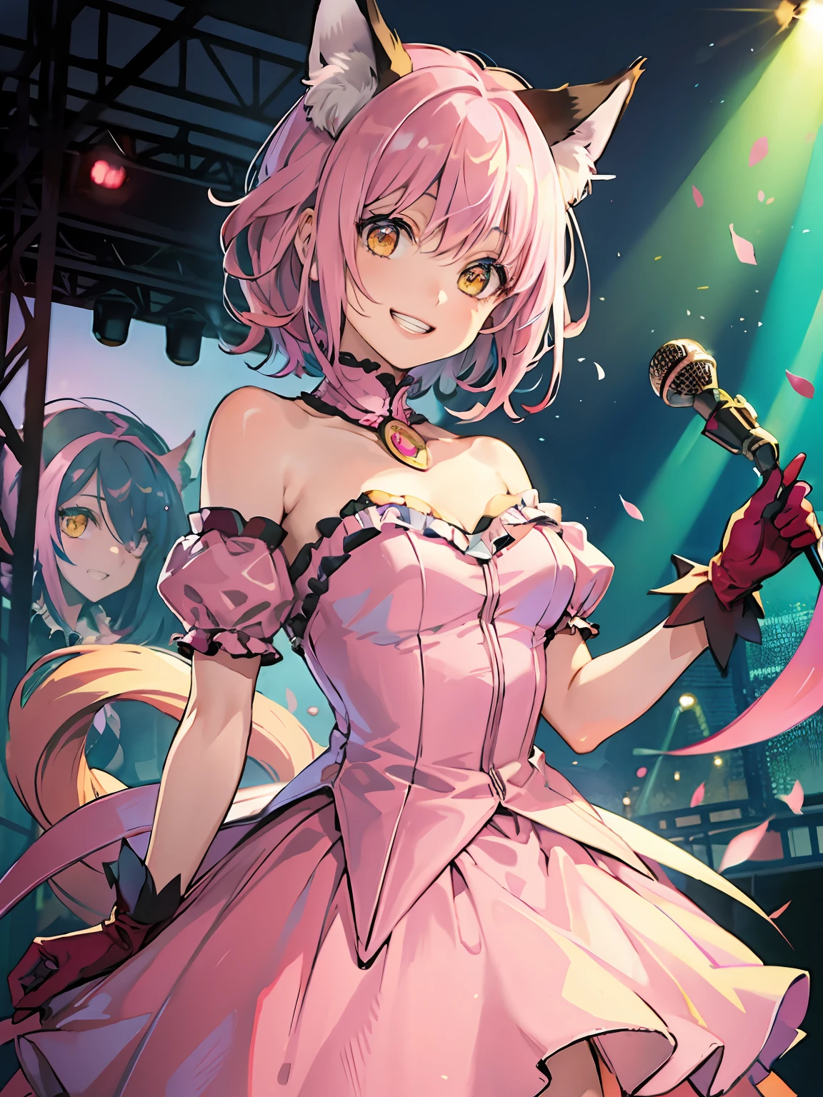 (illustration:1.1),(Best quality),(Masterpiece:1.1),(beautiful and clear background:1.25),(Masterpiece, Best quality, Ultra-detailed), (Photorealistic), (Beautiful detailed eyes),Stage,stage light,(Pink hair), 1girll,fox ear,Solo,view the viewer,Cowboy shot, The upper part of the body, uehara ayumu, Yellow eyes, (dress with white frills:1.2), grin,Depth of field,Frilled gloves,By bangs,cropped shoulders, round teeth,Ai's pose,Double V