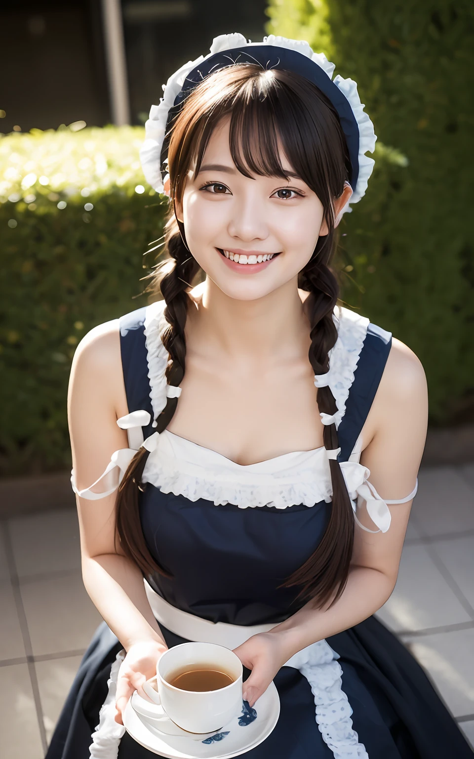 Highly detailed CG Unity 8k wallpaper, With the highest quality, super detailed, master piece, Realistic, photos realistic, extremely detailed cute girl, 25 years old , (Cute Maid Costume ), Smile , Round eyes, Large breasts , looking viewer, Half body shot , tatami mat , (Brewing tea) , braid