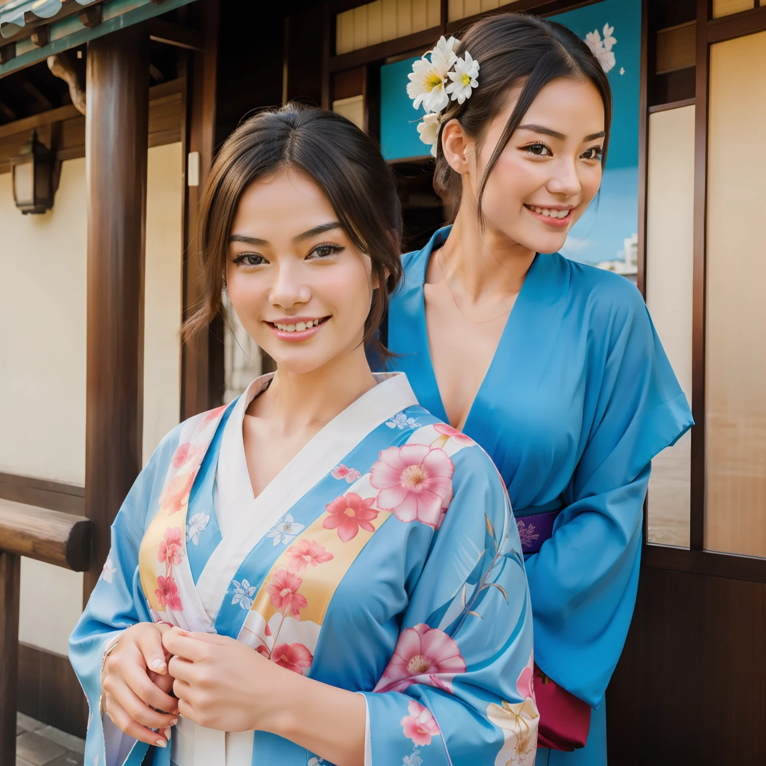 Depicting the cool expressions of women with happy smiles during a sightseeing trip、Generate a beautiful kimono figure realistically。