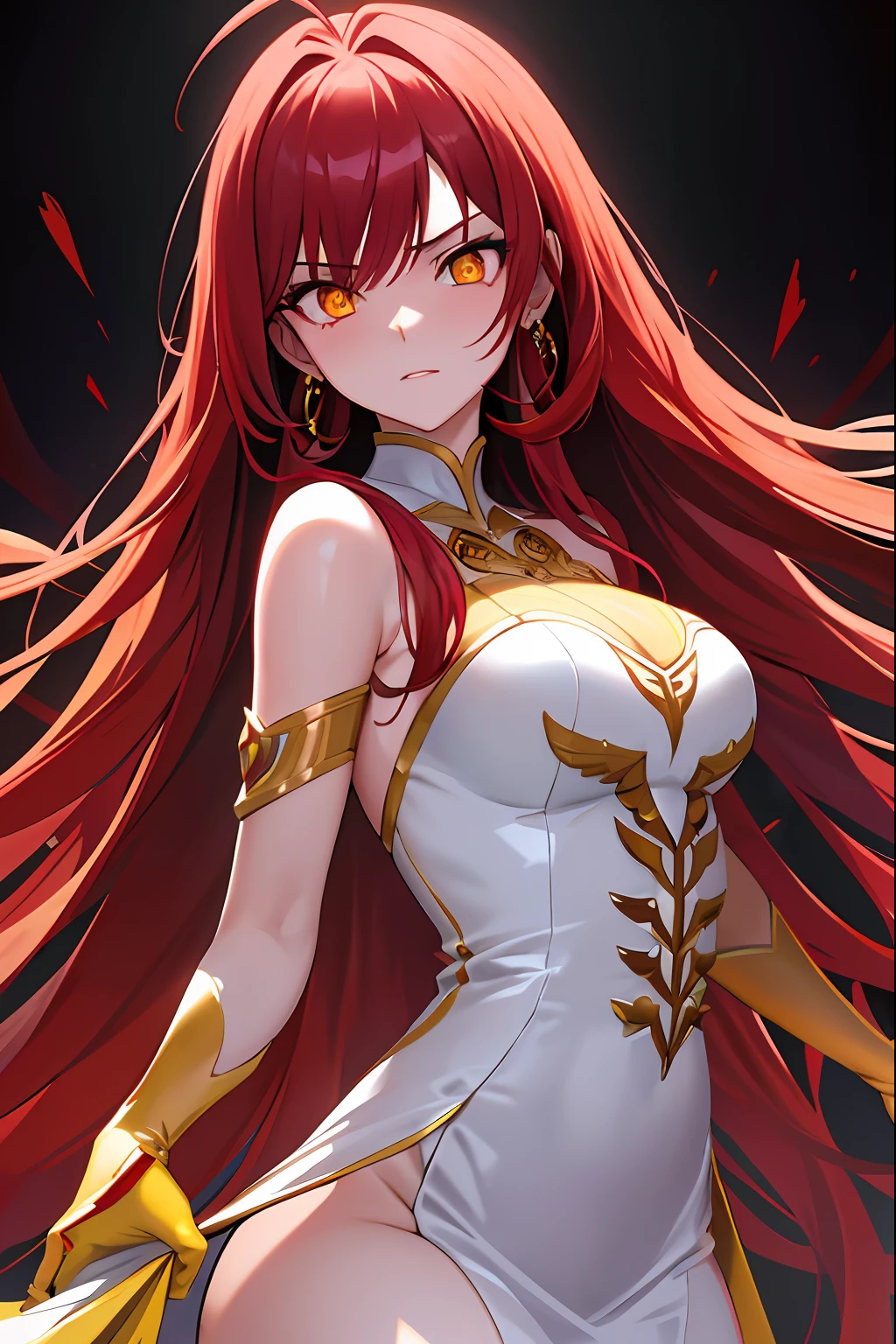 masterpiece, best quality, 1girl, long hair, big bust, very long red hair, yellow eyes, hair separed, white dress, gold, ruby earrings, good anatomy, red gloves, boots, heels, evil, emotionless, intimidant, bloody, detailed eyes, dark background, close up, ((detailed eyes)), beautiful eyes, hair bang, frontal look, hair antenna