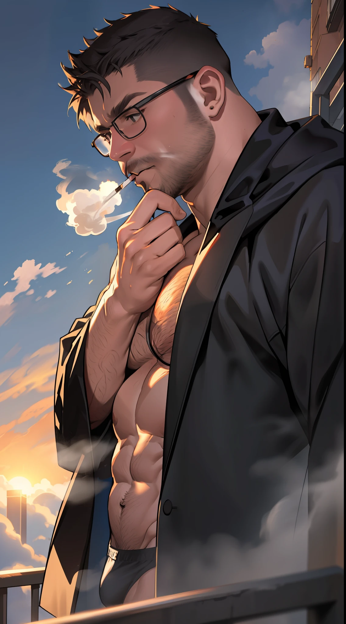 masterpiece, best quality, highres, upper body shot, ((wide angle)) male focus, solo focus, middle-aged man, daddy, beefy, burly, hairy, manly, really tall, wearing a smooth silk black robe loosely, wearing men's boxer inside, open chest, wearing glasses, standing on a high rise balcony, holding a cigarette, blowing smoke out of the mouth, lots of smoke, looking into the distance, looking up to the sky, (sunrise), early morning, foggy morning day, incredible composition, HDR, volumetric lighting